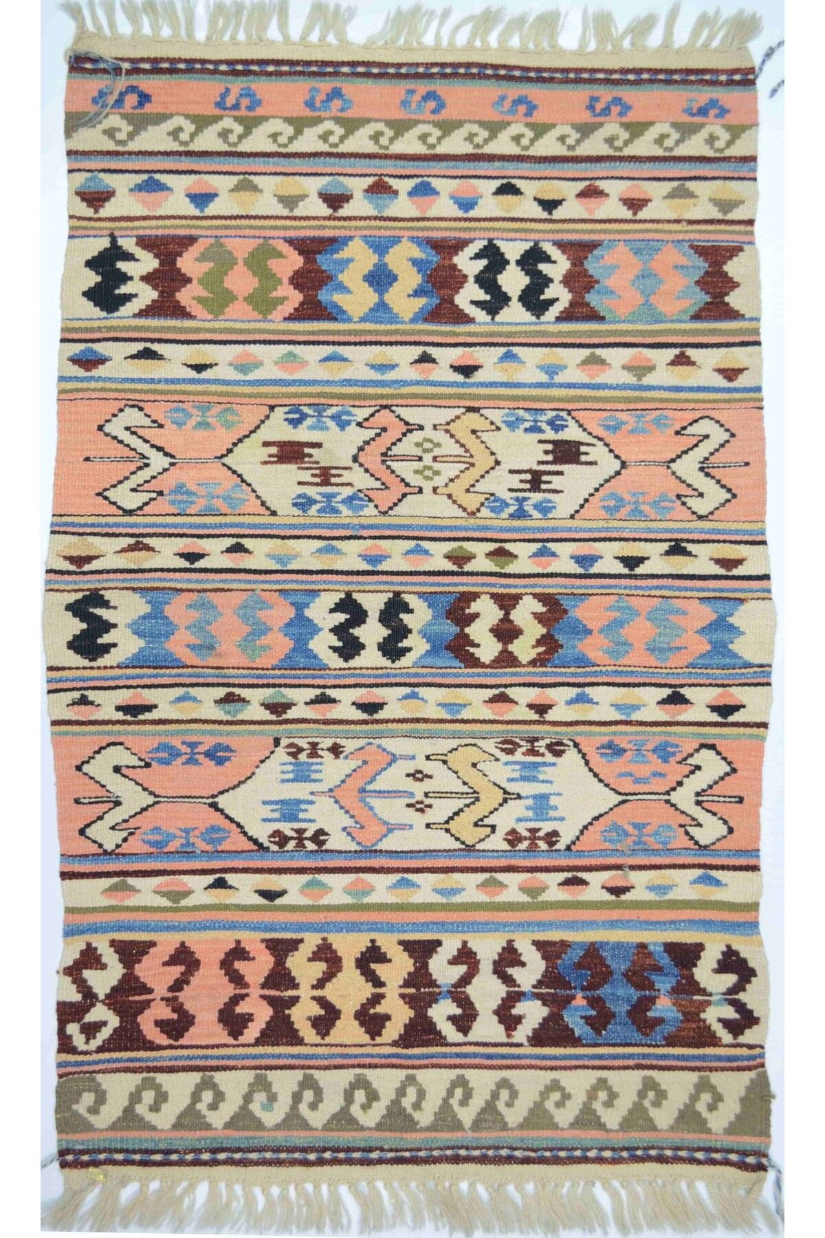 Handmade Konya Karapınar El Dokuma Pembe ve Krem Kirmen Yün Kilim 76x121 cm (0.92 m²)