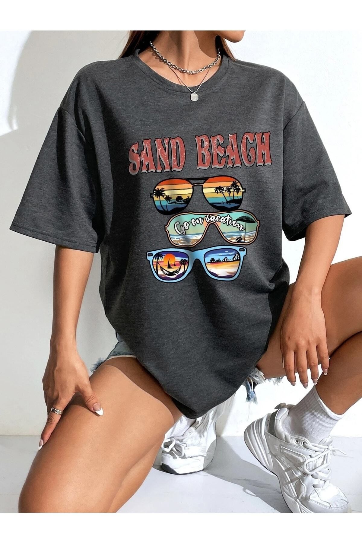 Hunors Sportswear & Company Kadın / Kız Beach Baskılı Füme Oversize T-shirt Salaş Boyfirend