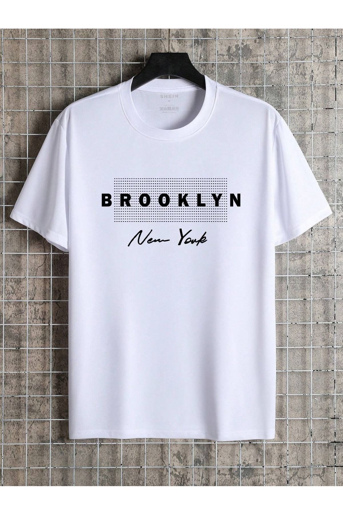 Boi Brooklyn Nokta Desen T-Shirt - Beyaz Baskılı Oversize Bisiklet Yaka Kısa Kol