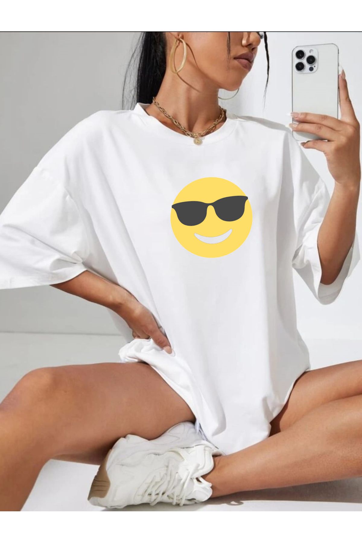 Boi Kadın / Kız Gözlüklü Emoji Ünisex T-shirt Oversize Salas Boyfriend