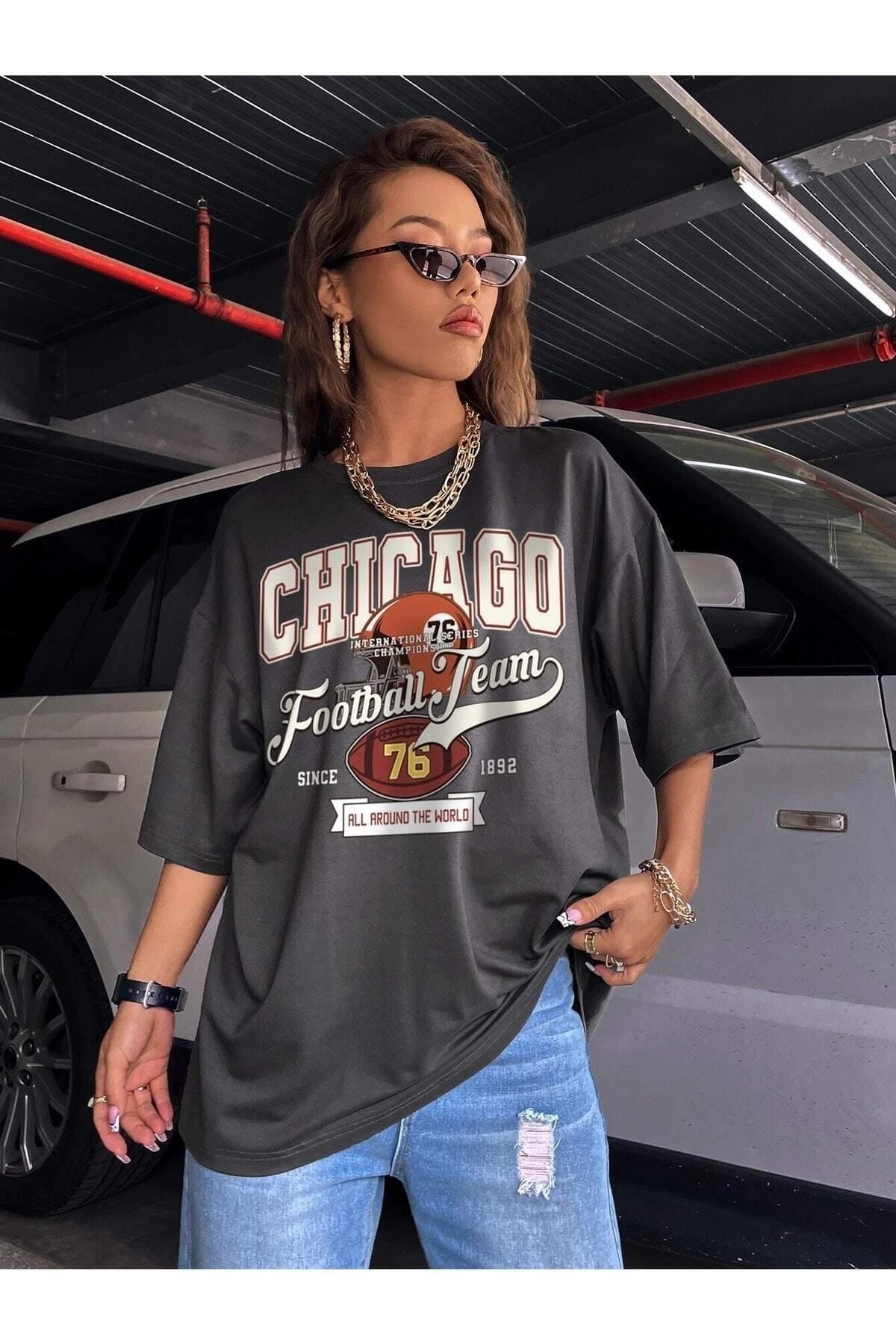 Hunors Sportswear & Company Kadın / Kız Oversize T-shirt Chıcago Football Team Baskılı