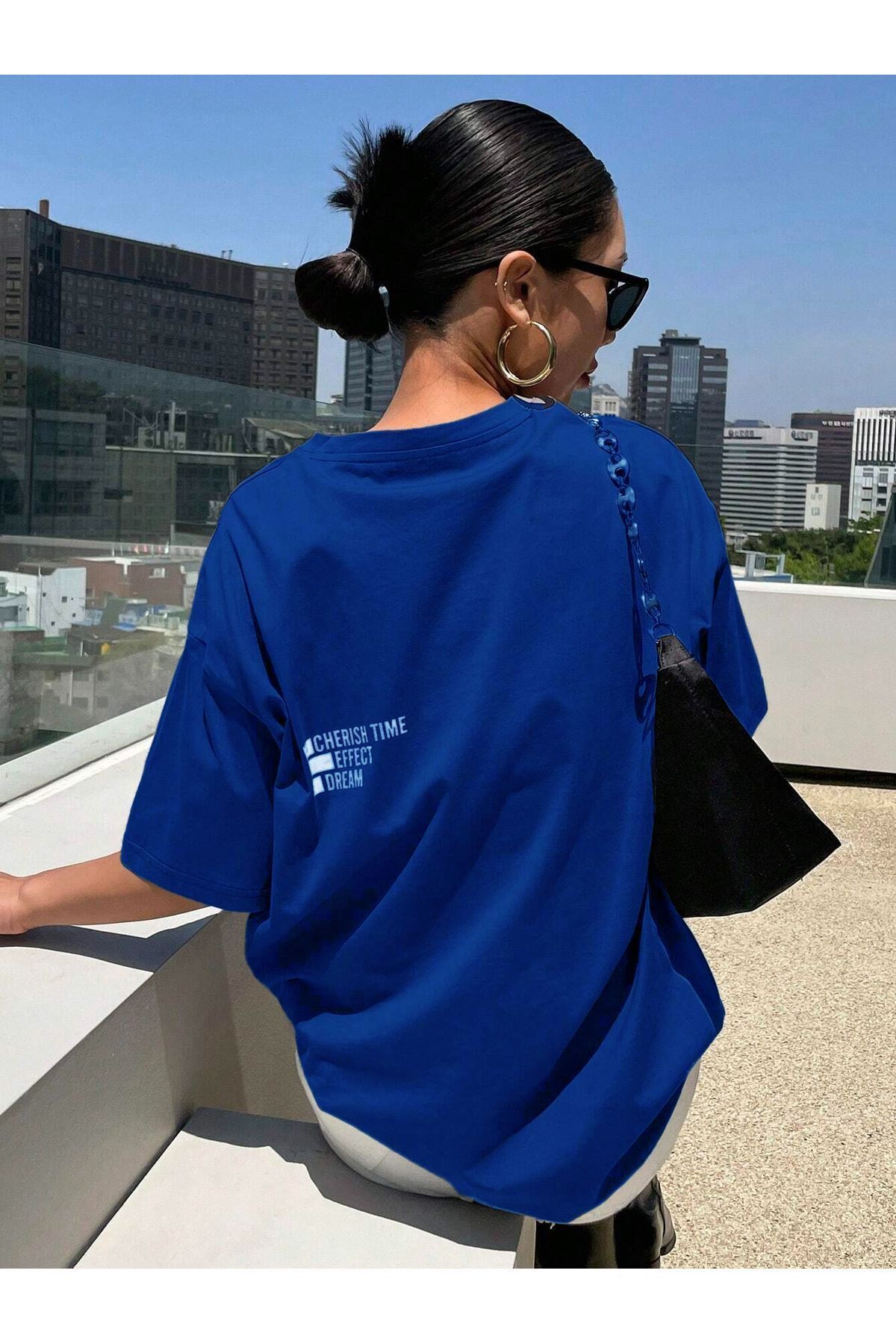 Hunors Sportswear & Company Cherish Time T-Shirt - Sax Saks Mavisi Baskılı Oversize Bisiklet Yaka Kısa Kol
