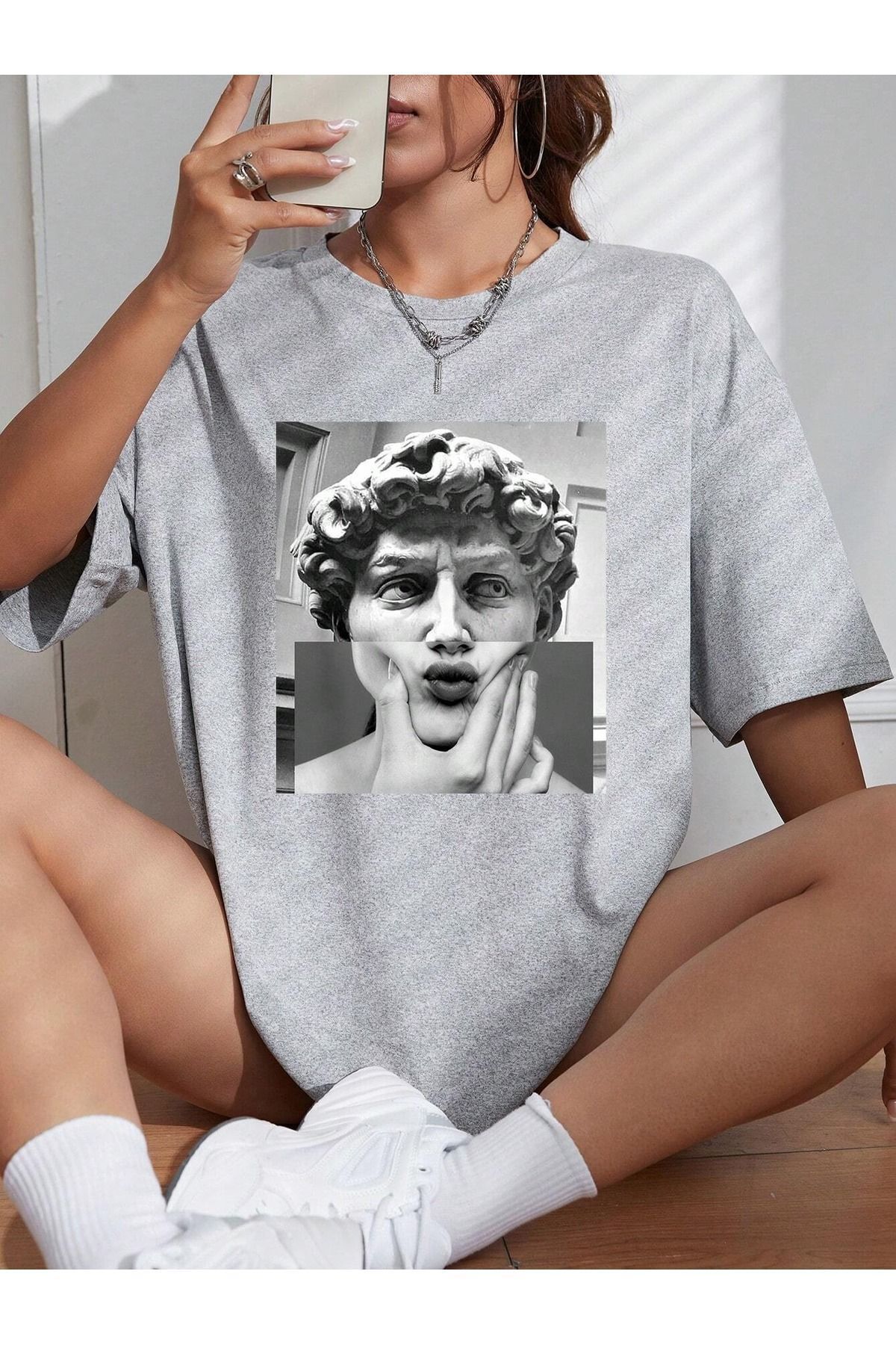 Hunors Sportswear & Company Heykel Dudak T-Shirt - Gri Baskılı Oversize Bisiklet Yaka Kısa Kol