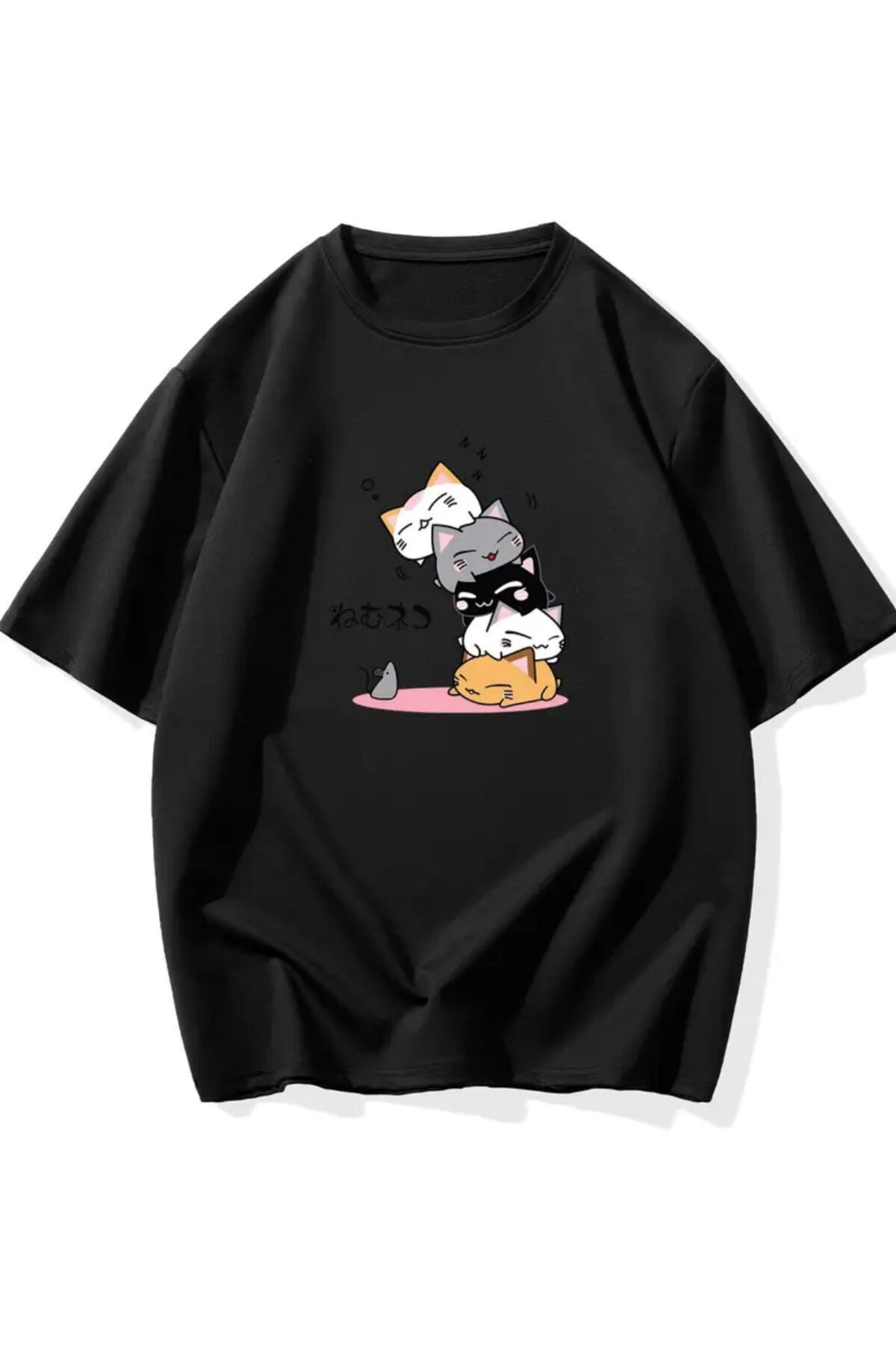Boi Sevimli Kediler Baskılı Basic T-Shirt