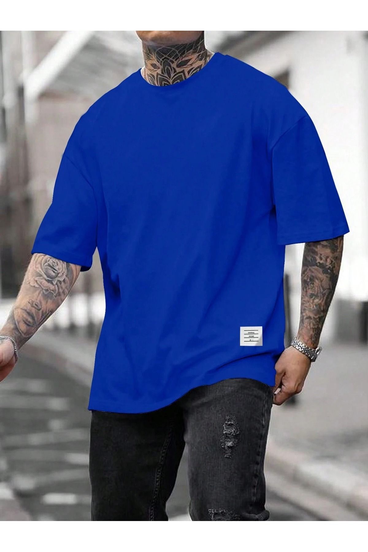 Hunors Sportswear & Company Etiket Desen T-Shirt - Sax Saks Mavisi Baskılı Oversize Bisiklet Yaka Kısa Kol