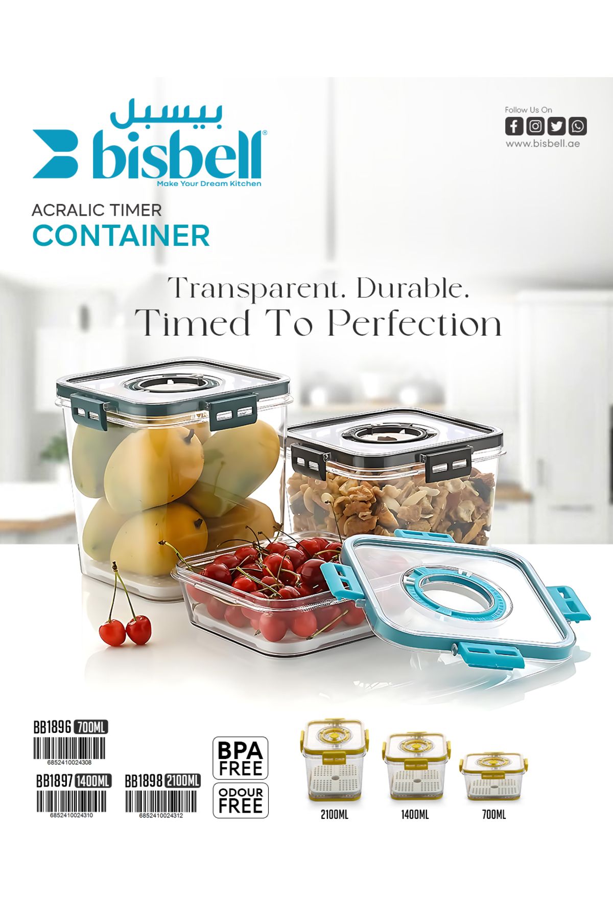 Bisbell-Acrylic Timer Storage Container Set 3pcs,Airtight Storage Set,700ml,1400ml,2100ml 2