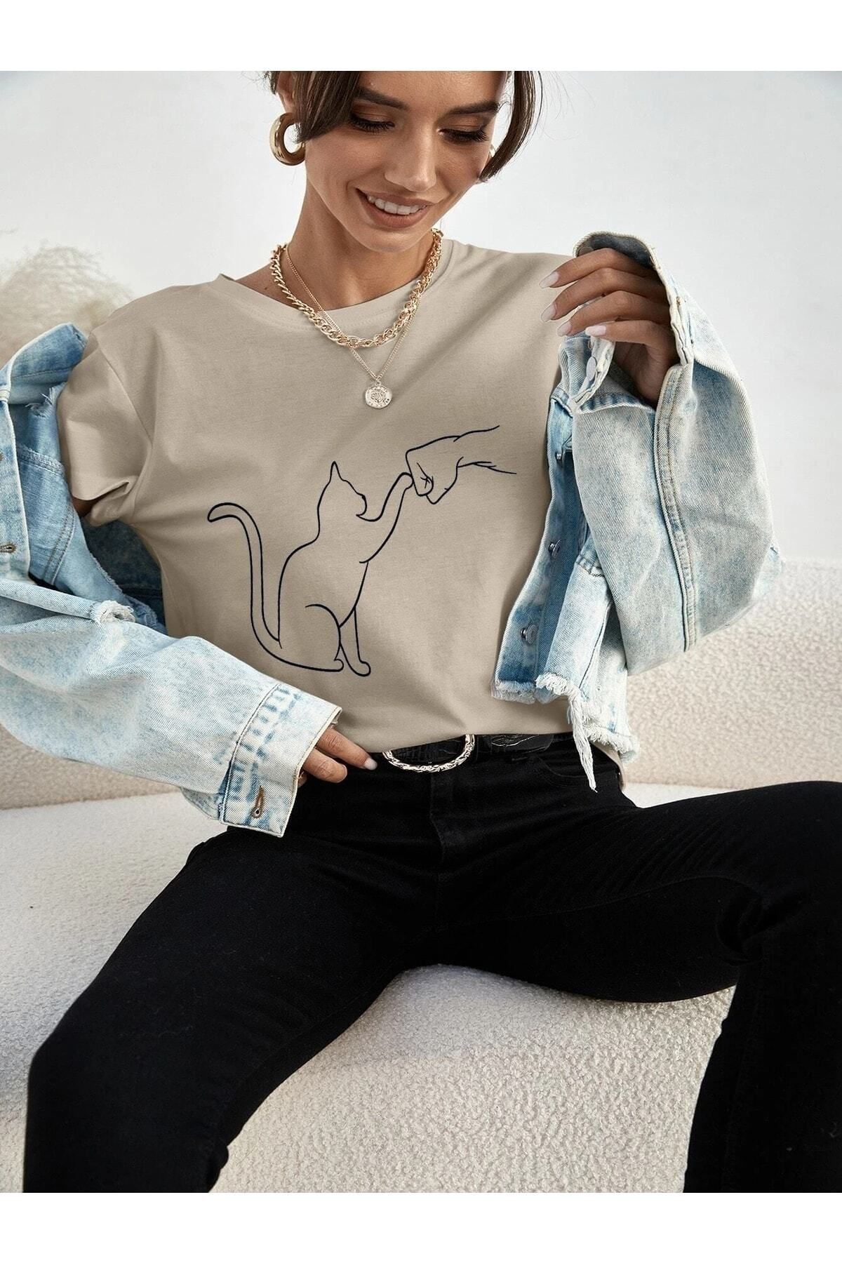 Boi Cat Baskılı Kadın / Kız Oversize Salas T-shirt Boyfriend