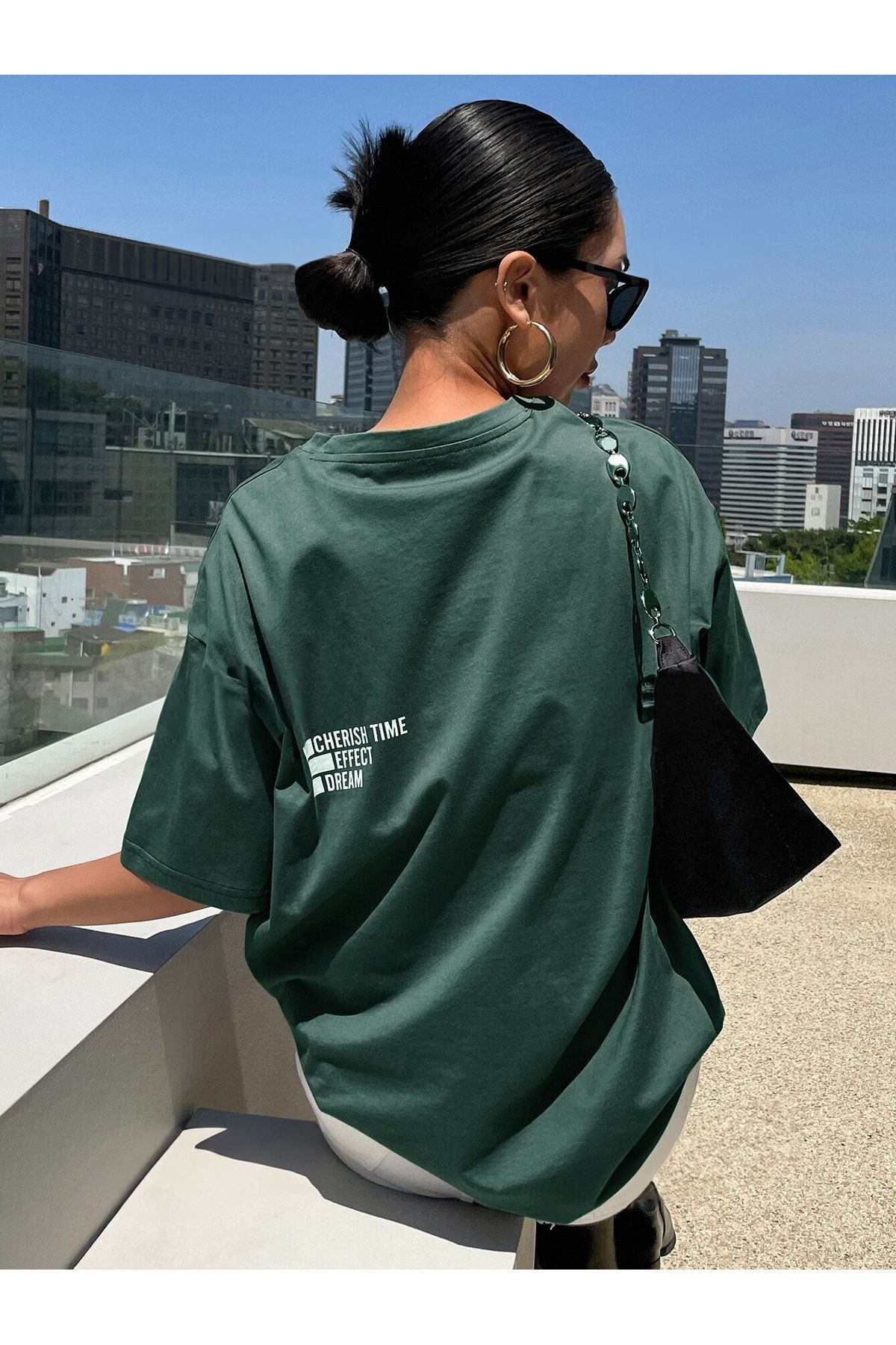 Boi Cherish Time T-Shirt - Nefti Yeşil Baskılı Oversize Bisiklet Yaka Kısa Kol