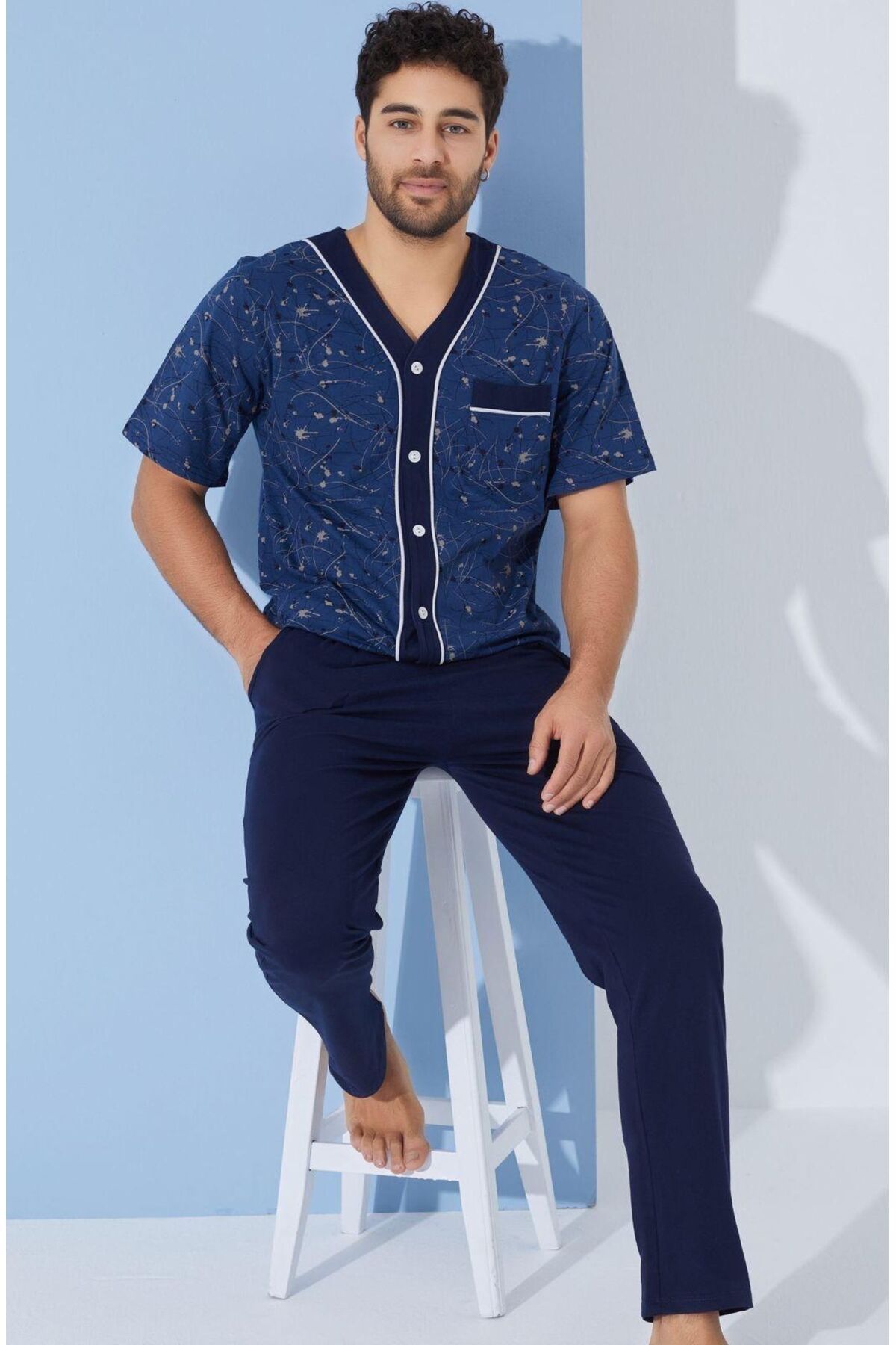 seamlife Erkek %100 Pamuklu Mavi Lacivert Boydan Düğmeli V Yaka Kısa Kollu Pijama Takımı