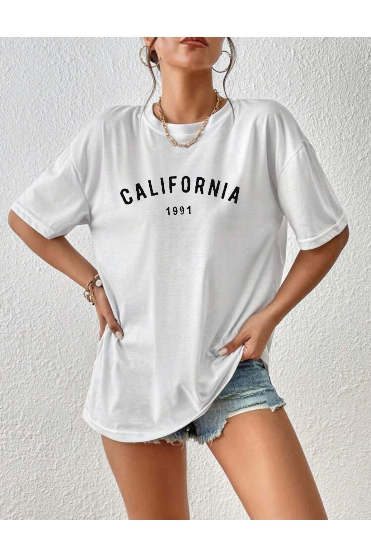warn Beyaz California 1991 T-Shirt - Baskılı Oversize Bisiklet Yaka Kısa Kol