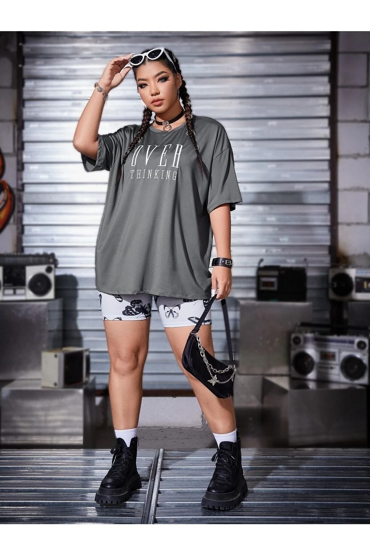 Boi Kadın / Kız Füme Oversize T-shirt Over Baskılı