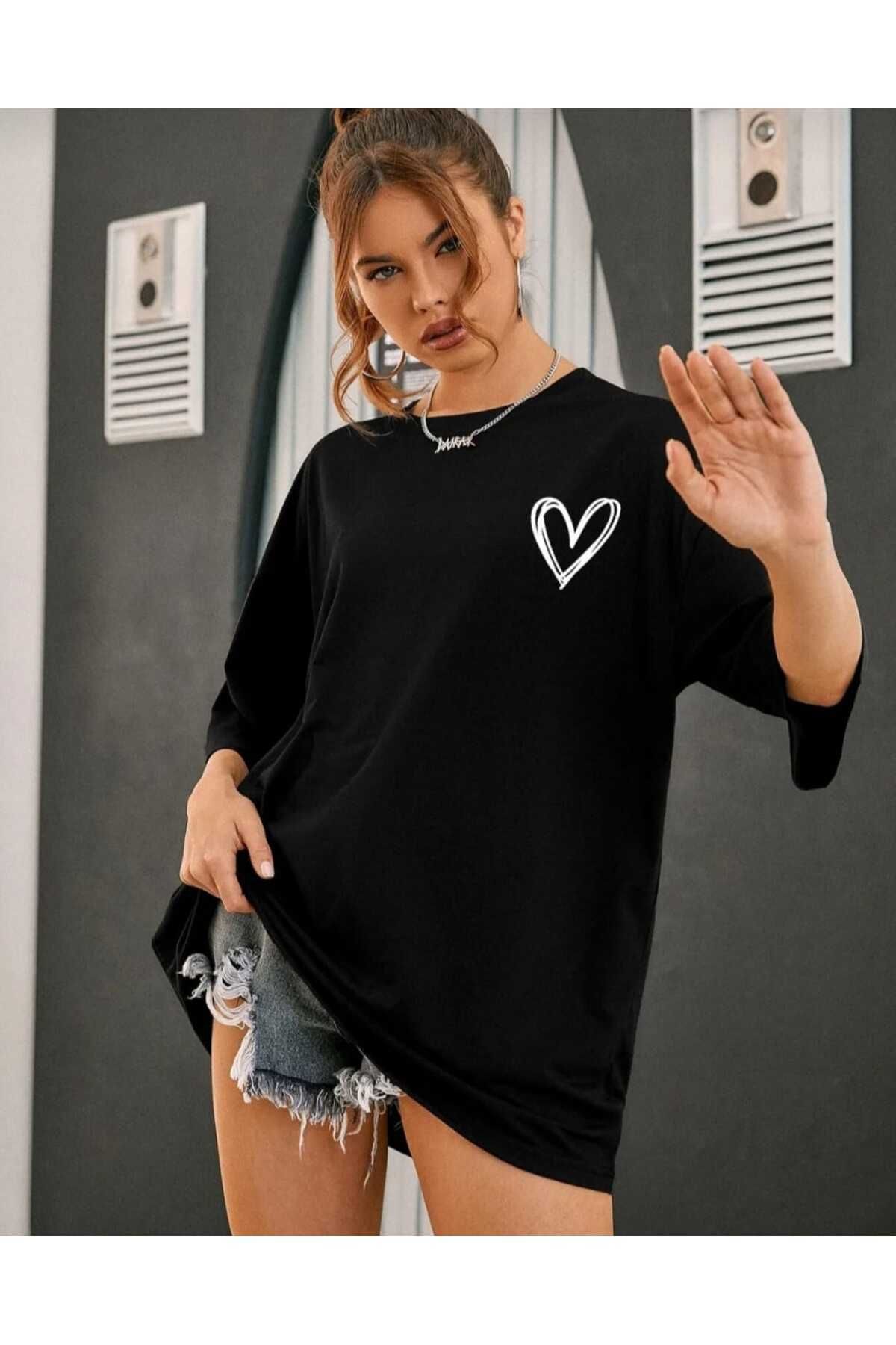 Boi Tiny Heart Baskılı Kadın Oversize Salas T-shirt Boyfriend