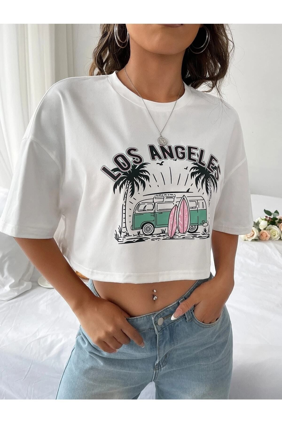 Boi Kadın / Kız Crop Oversize Los Angels Baskılı
