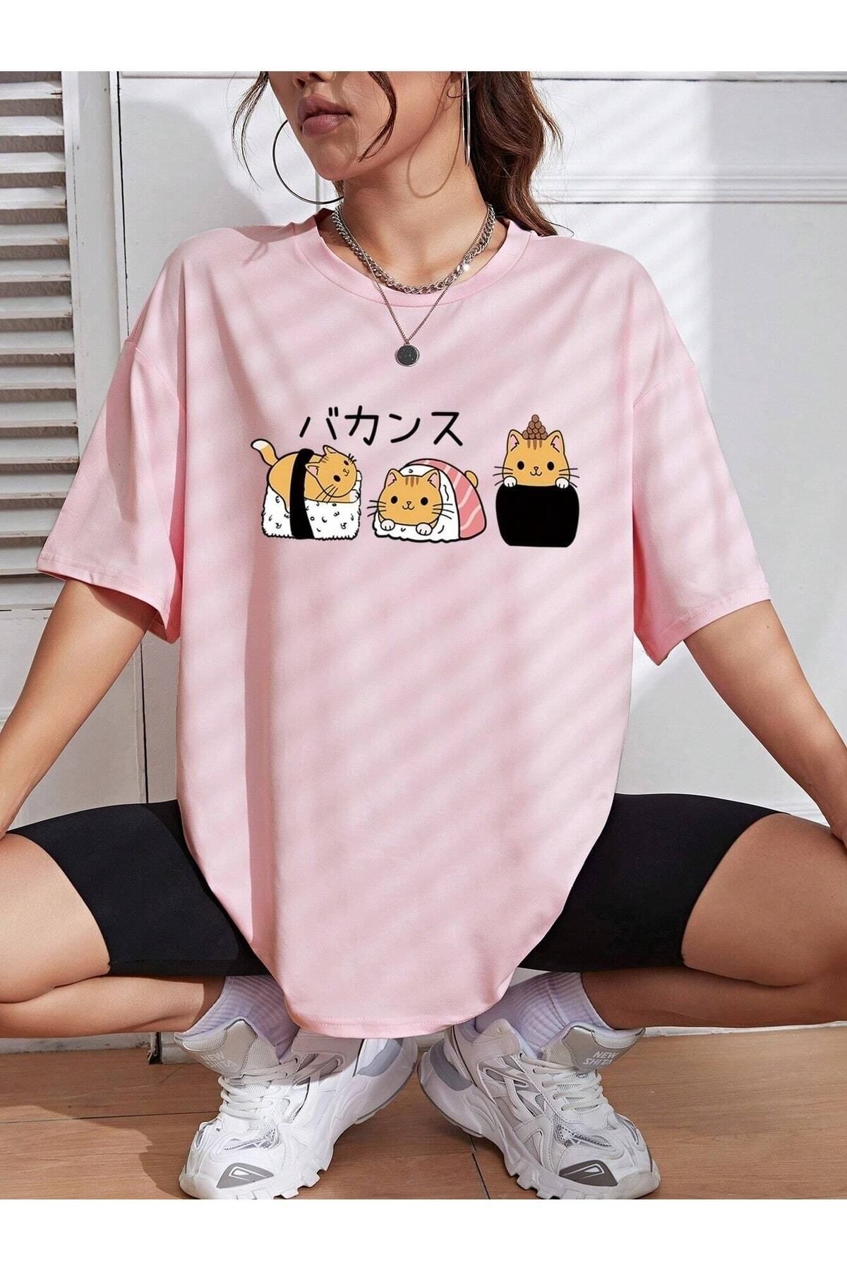 Hunors Sportswear & Company Kedi Halleri Baskılı Kadın / Kız Oversize Salas T-shirt Boyfriend