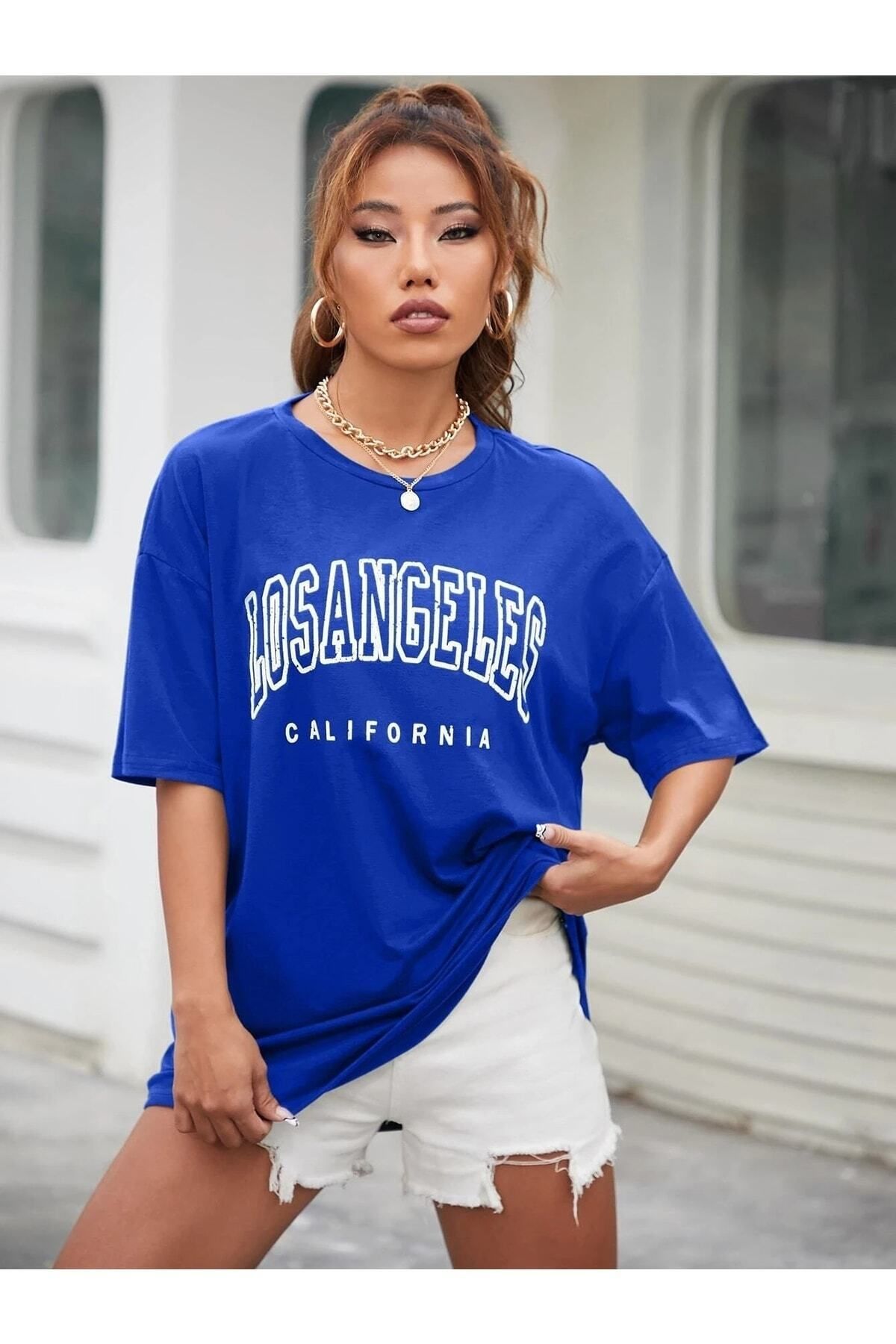 Hunors Sportswear & Company Losengeles California Baskılı Kadın / Kız Salas Oversize Saks Mavi Salas T-shirt Boyfriend