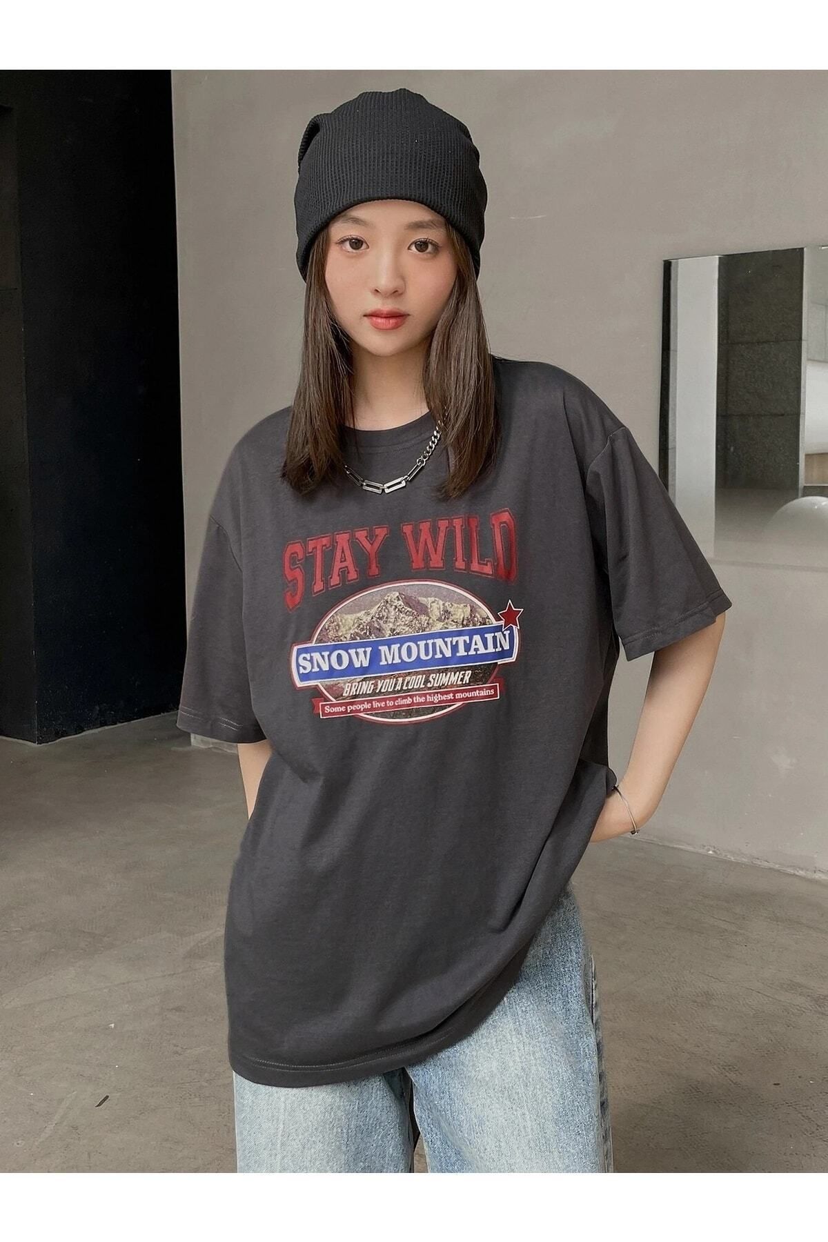 Hunors Sportswear & Company Kadın / Kız Füme Oversize T-shirt Stay Wıld Baskılı