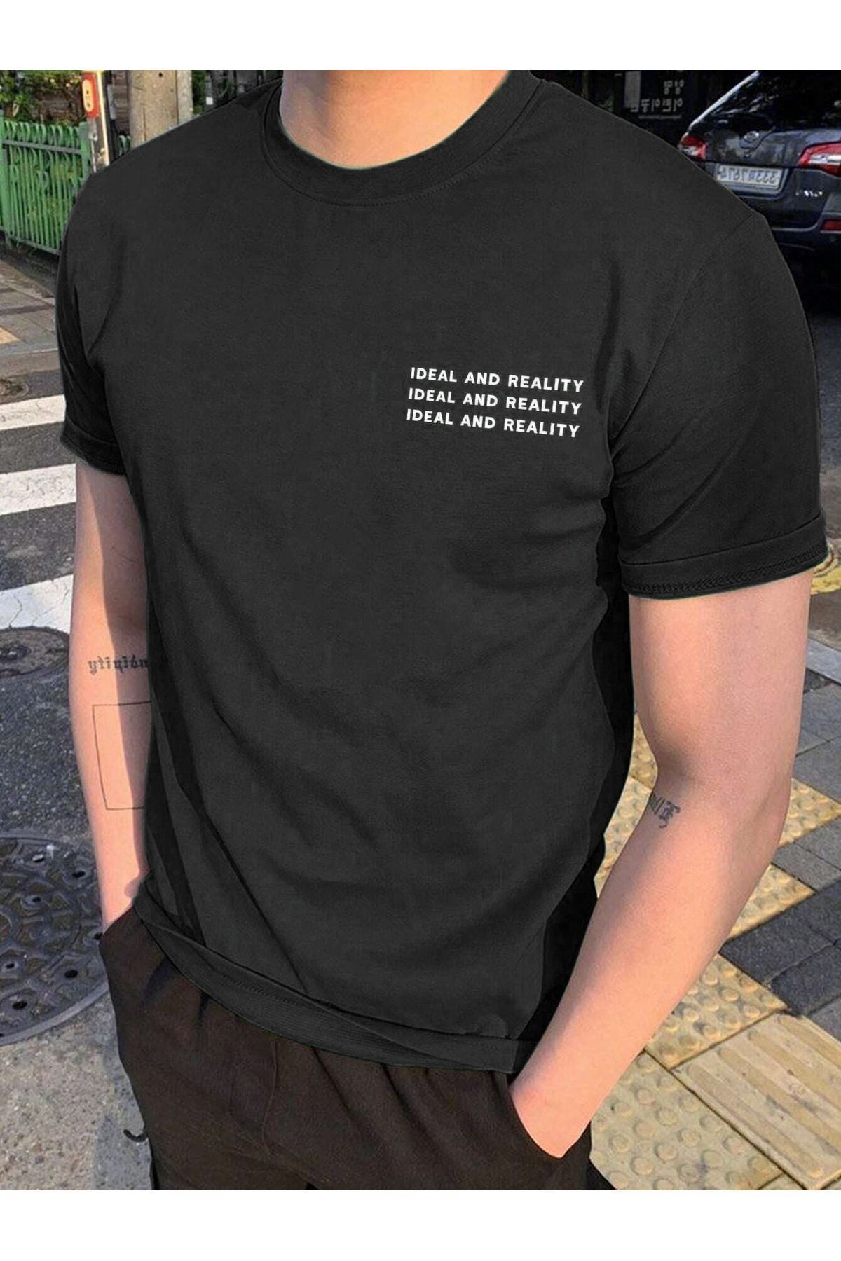 Boi Ideal And Reality T-Shirt - Siyah Baskılı Oversize Bisiklet Yaka Kısa Kol