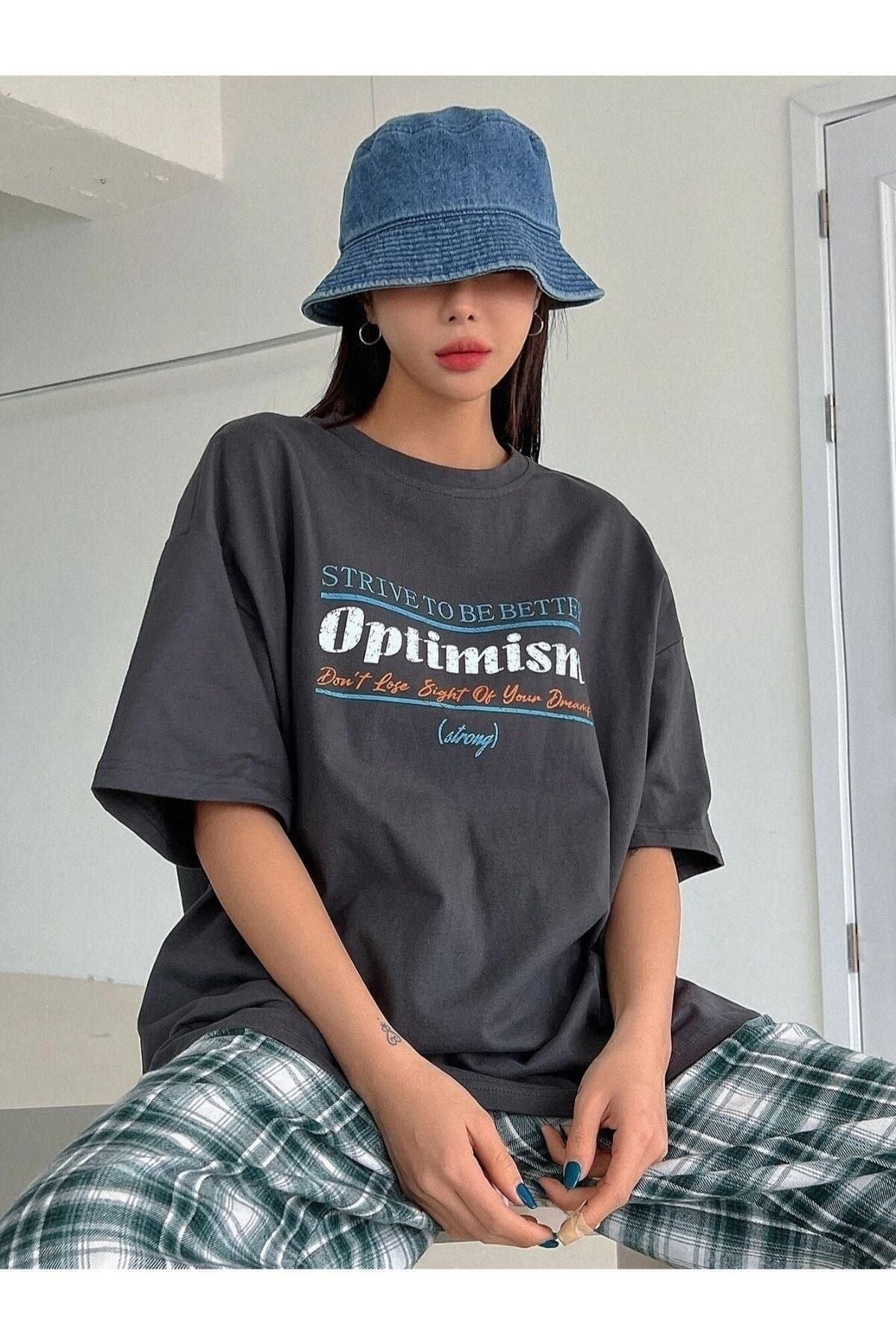 Hunors Sportswear & Company Kadın / Kız Antrasit Optimism Baskılı Oversize Bisiklet Yaka Salaş