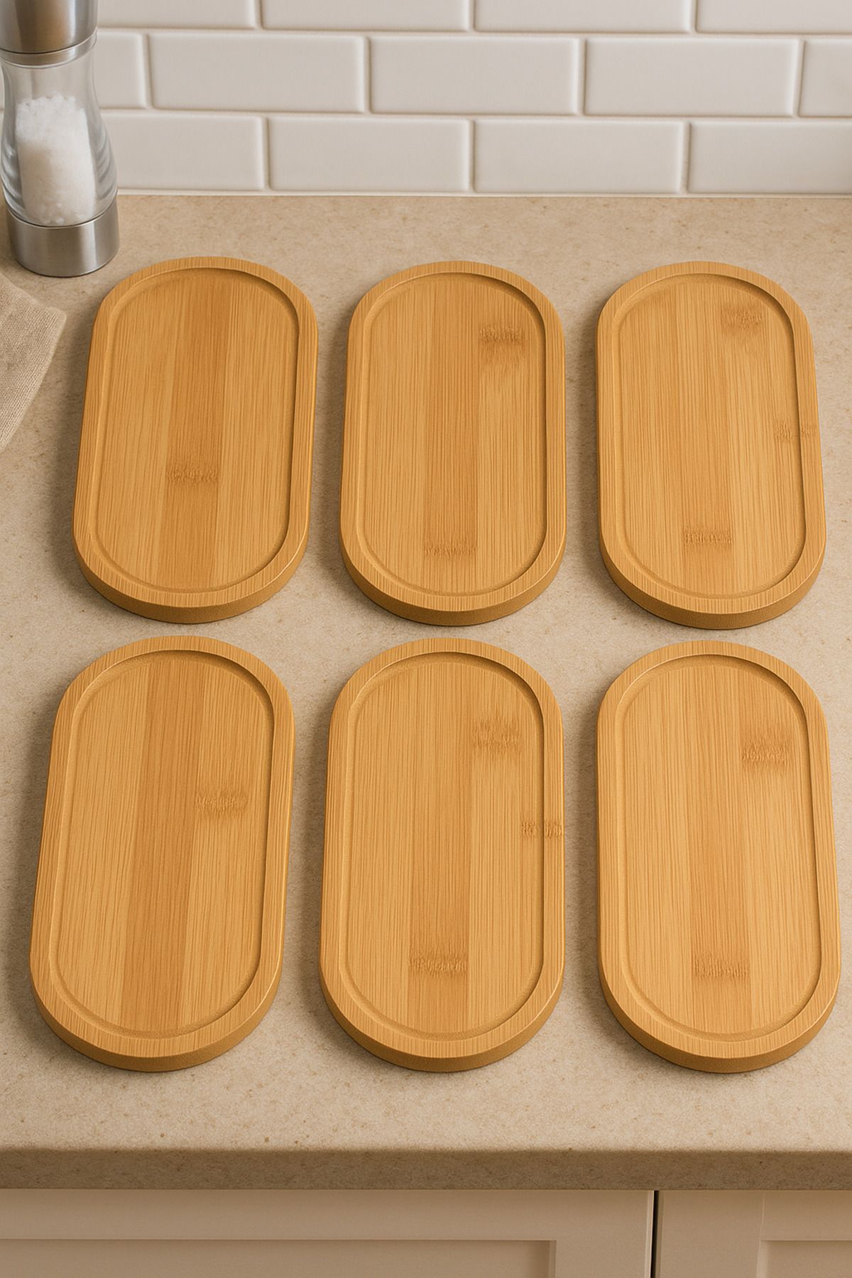BEYZANA 6 Adet Bambu Sunumluk Yağlık Altlığı Sabunluk Altlığı Çok Amaçlı Tepsi 23*12 cm