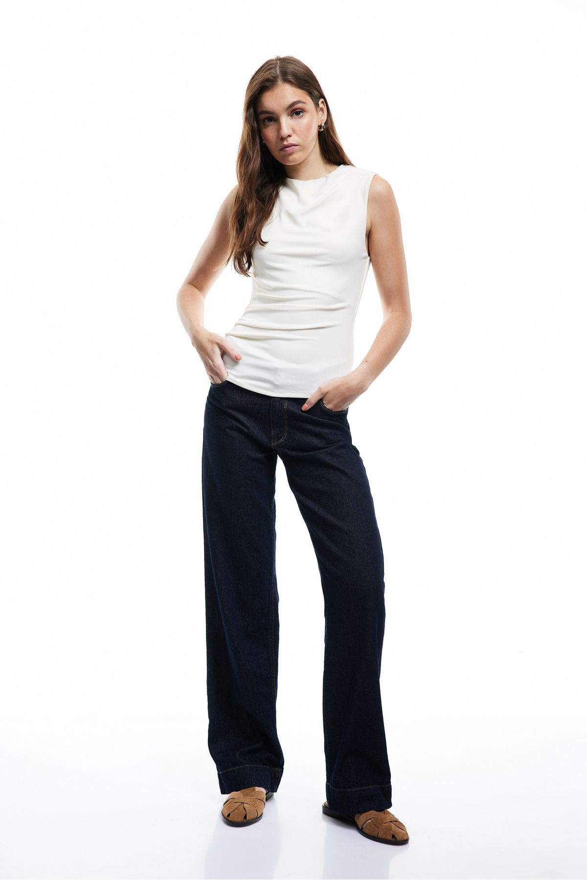 Koton Kolsuz Bisiklet Yaka Slim Fit Drapeli Bluz