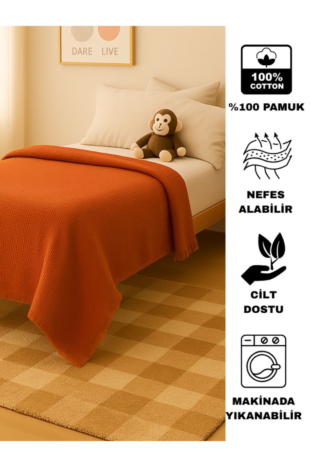 Bhoota Home Tek Kişilik 4 Katlı Müslin %100 Pamuk Yatak Örtüsü, Nefes Alabilen Kumaş 175x230