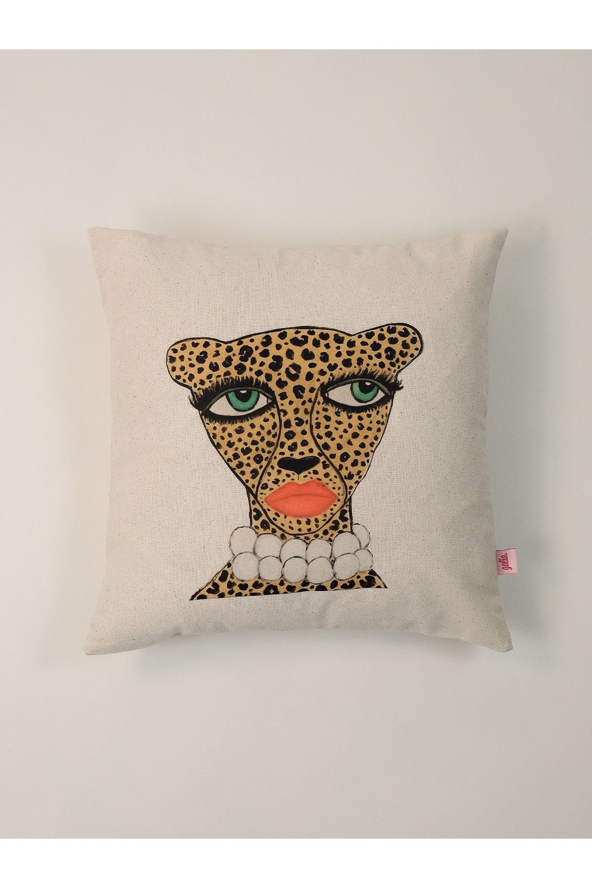 Galia Tasarım Madame Leopard Şık Leopar Portreli Keten Kırlent Kılıfı 45x45 Cm
