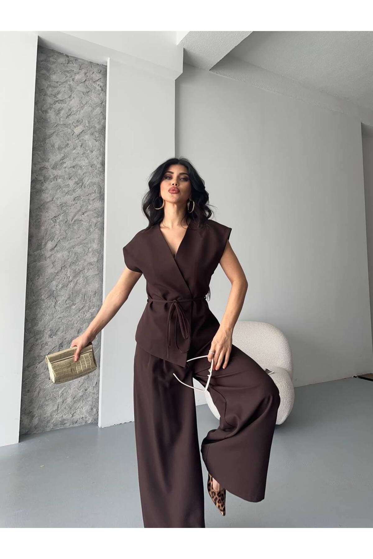 Bella Breeze Kadın Kuşaklı Yelekli Palazzo Pantolonlu Takım Elbise