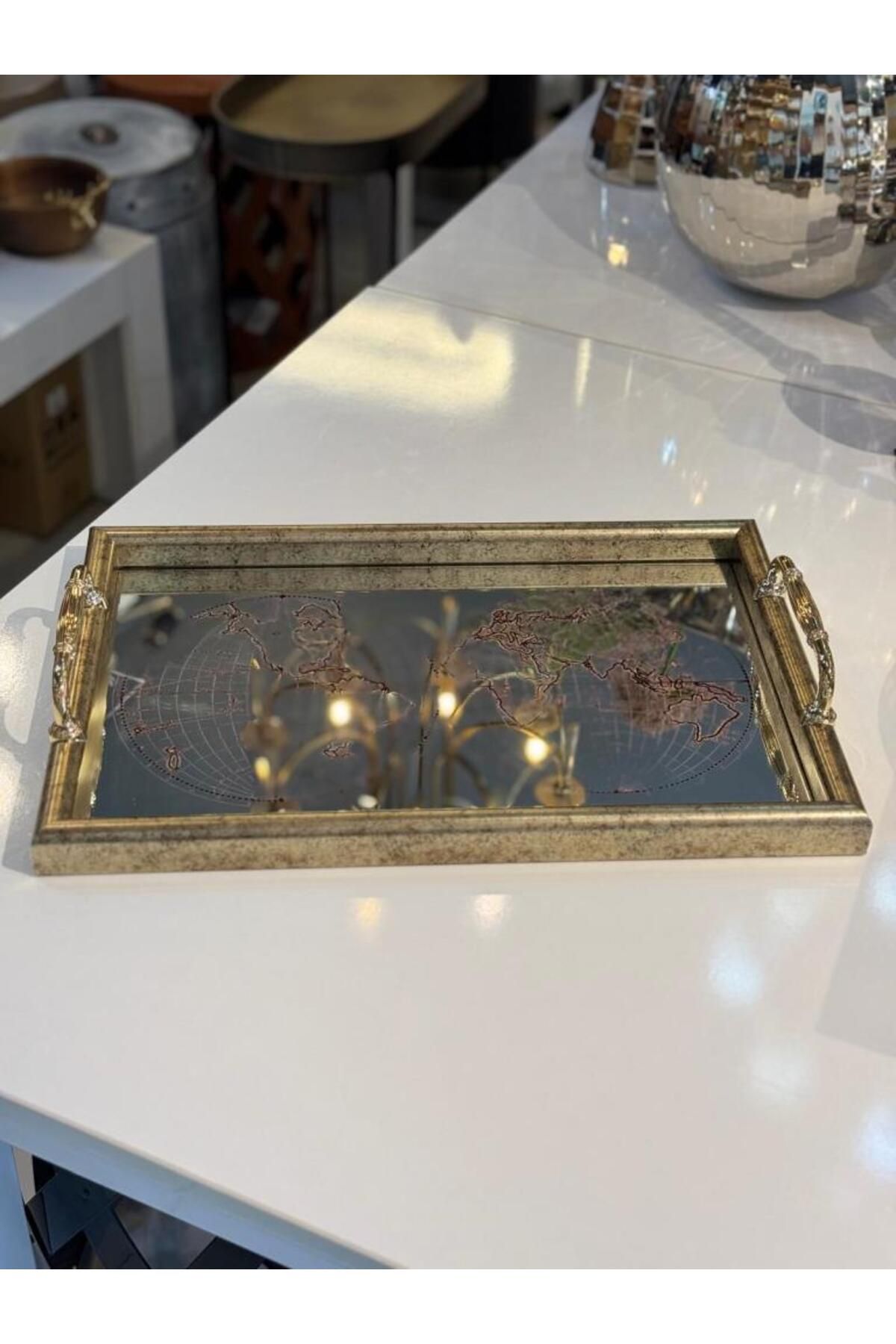 ÇIRPAN EV ALTIN ESKİTME HARİTA DESEN DİKDÖRTGEN TEPSİ 45X30CM