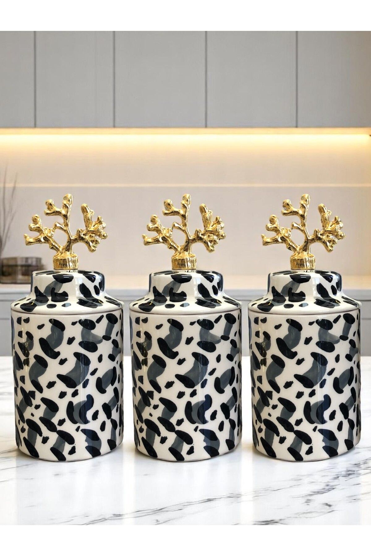 ferayhome Baharatlık Silindir Seramik Büyük Boy Kapaklı 3 lü Kahve Köşesi Seti Gri Leopar 750 ml Hacimli Gold
