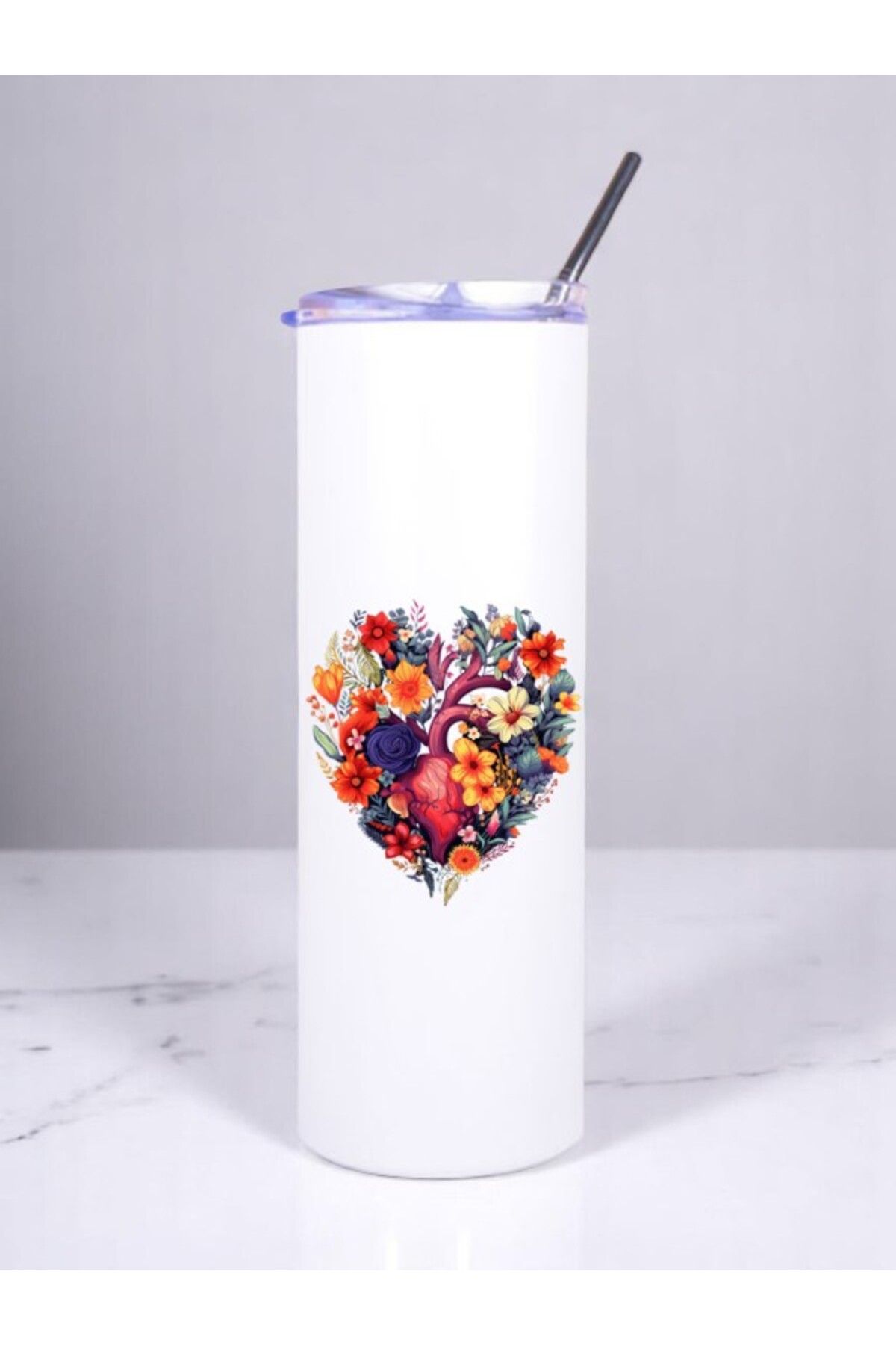 lili hediyelik Kalp Baskılı Pipetli Çelik Termos 600 ml