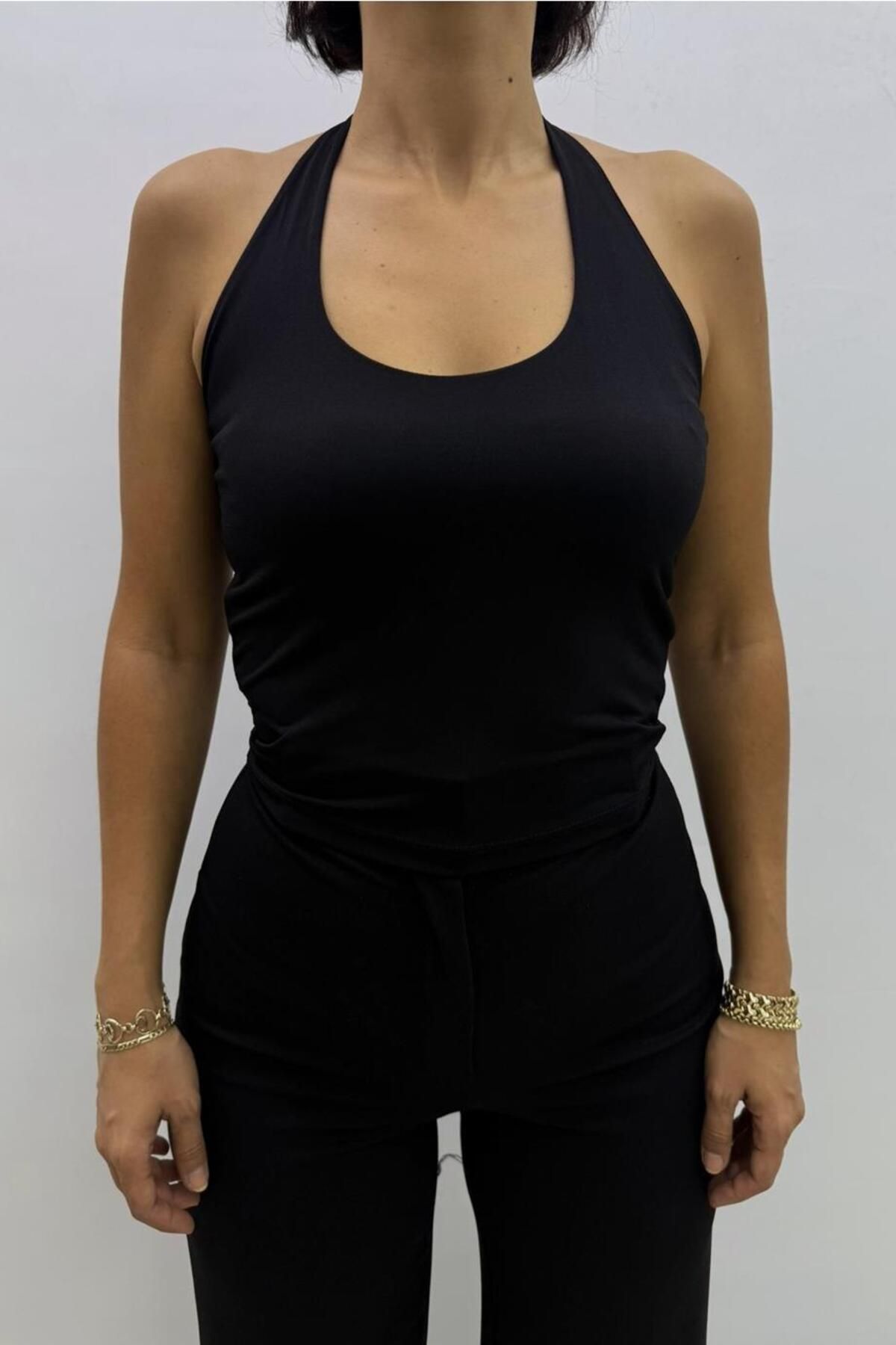Flame İstanbul Butik Boyundan Geçmeli Siyah Sandy Bluz - DIS4697