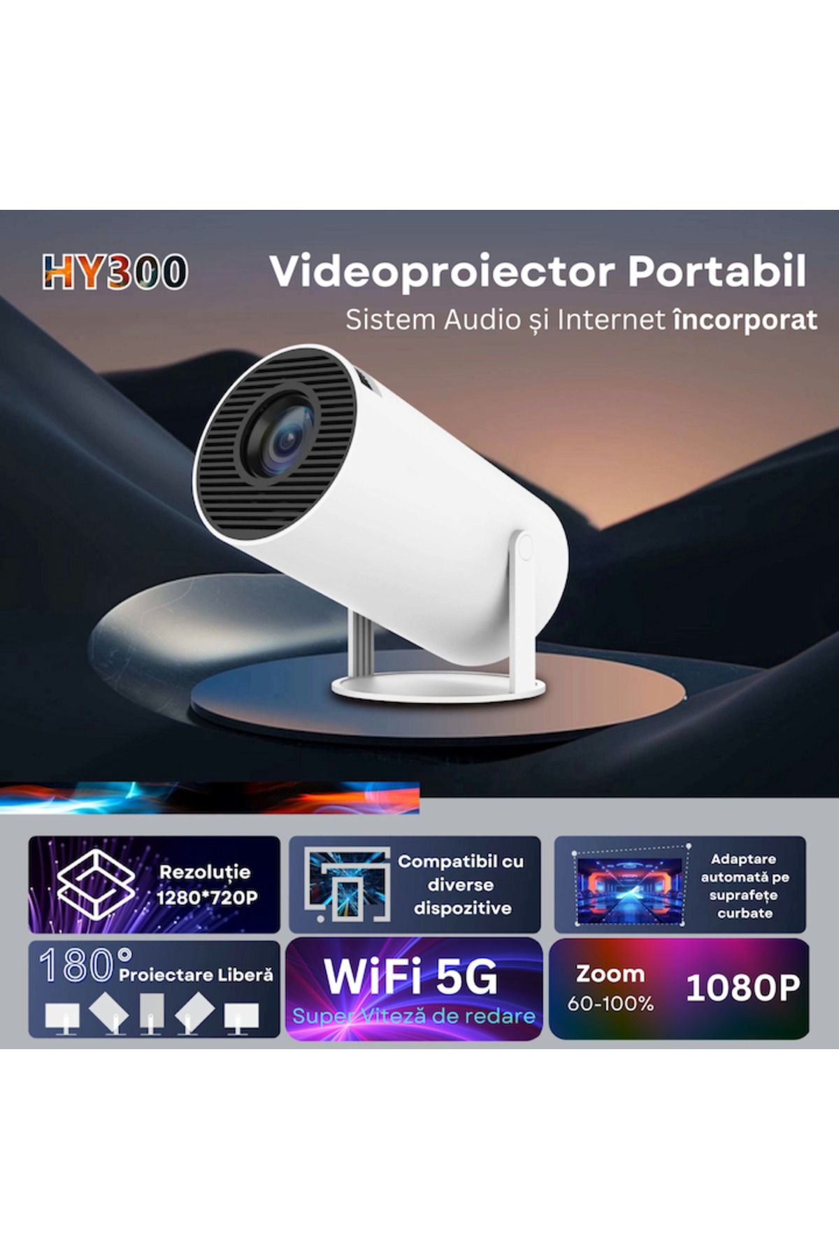 varioshop-Castellano® Premium Smart LED Video Projector, Portable, 4K UltraHD, Android 11, Built-in Speaker, 4