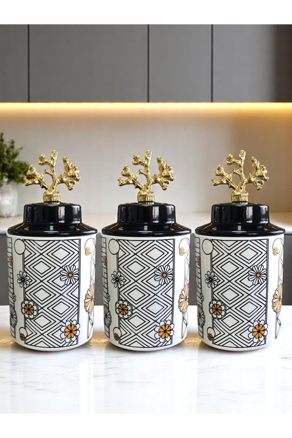 ferayhome Baharatlık Silindir Seramik Büyük Boy Kapaklı 3 lü Kahve Köşesi Seti Hasır Desen 750 ml Hacimli Gold