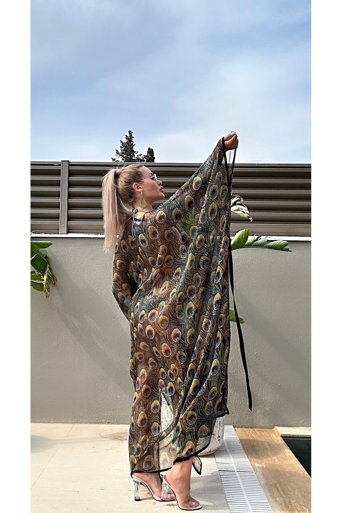 asalya Kadın Şifon Desenli Kuşaklı Plaj Kimono