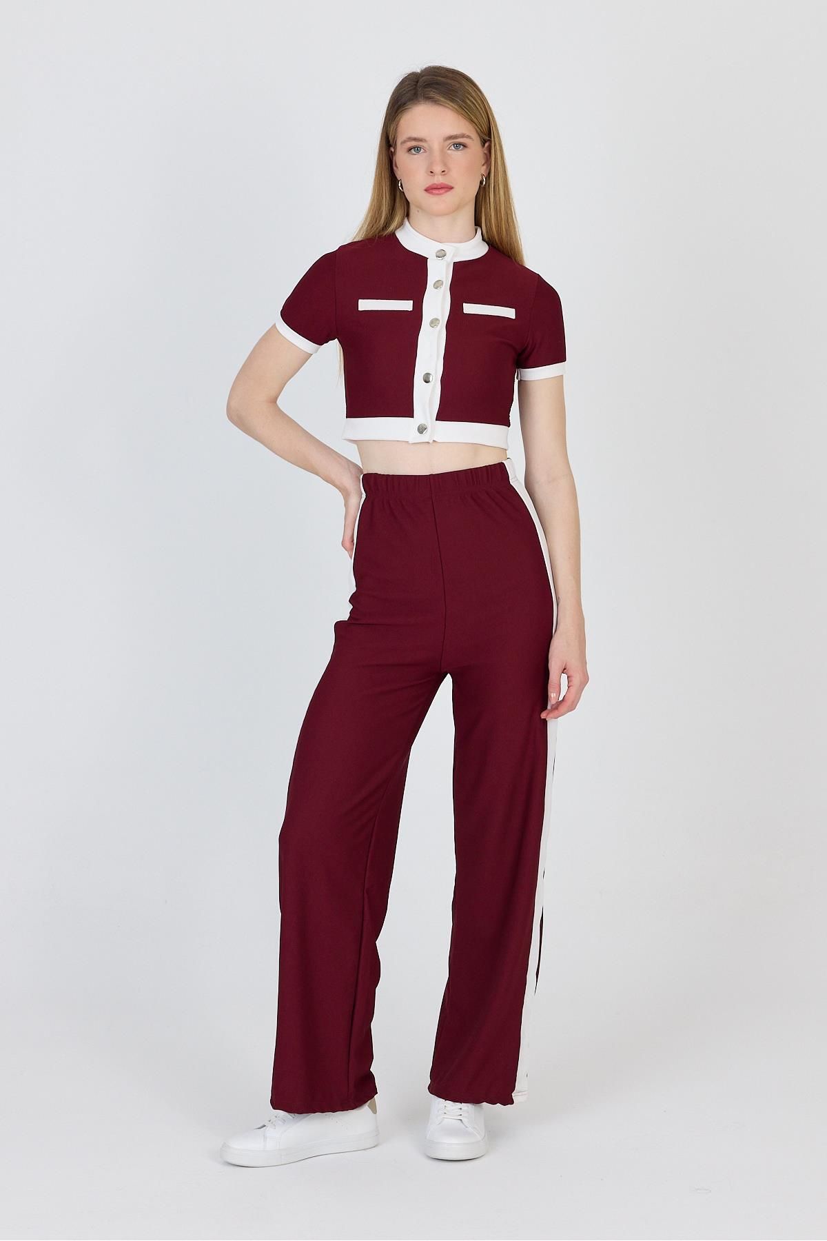 Rays Bordo Düğmeli Crop Bluz & Şeritli Palazzo Pantolon Takım 2214