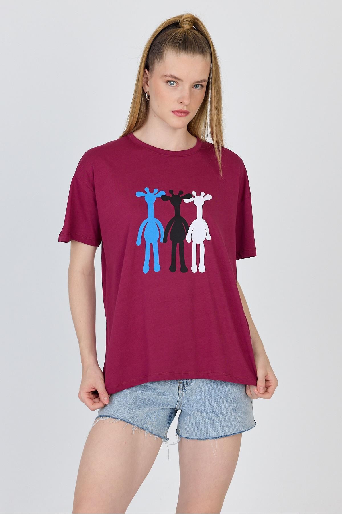 Rays Bordo Oversize Zürafa Baskılı Tişört 2150-12M