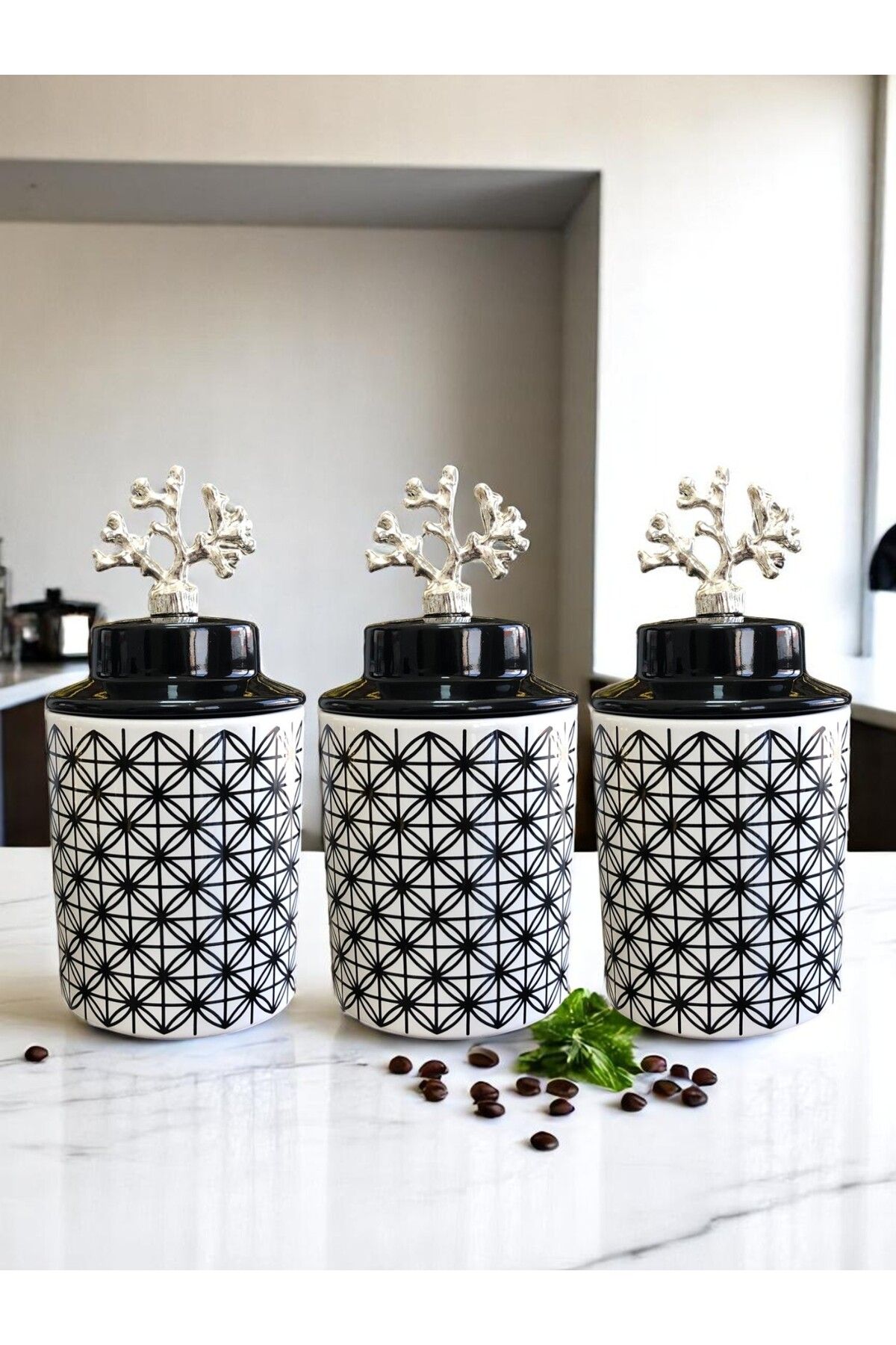 ferayhome Baharatlık Silindir Seramik Kapaklı 3 lü Kahve Köşesi Seti Lonca Desen 750 ml Hacimli GÜMÜŞ