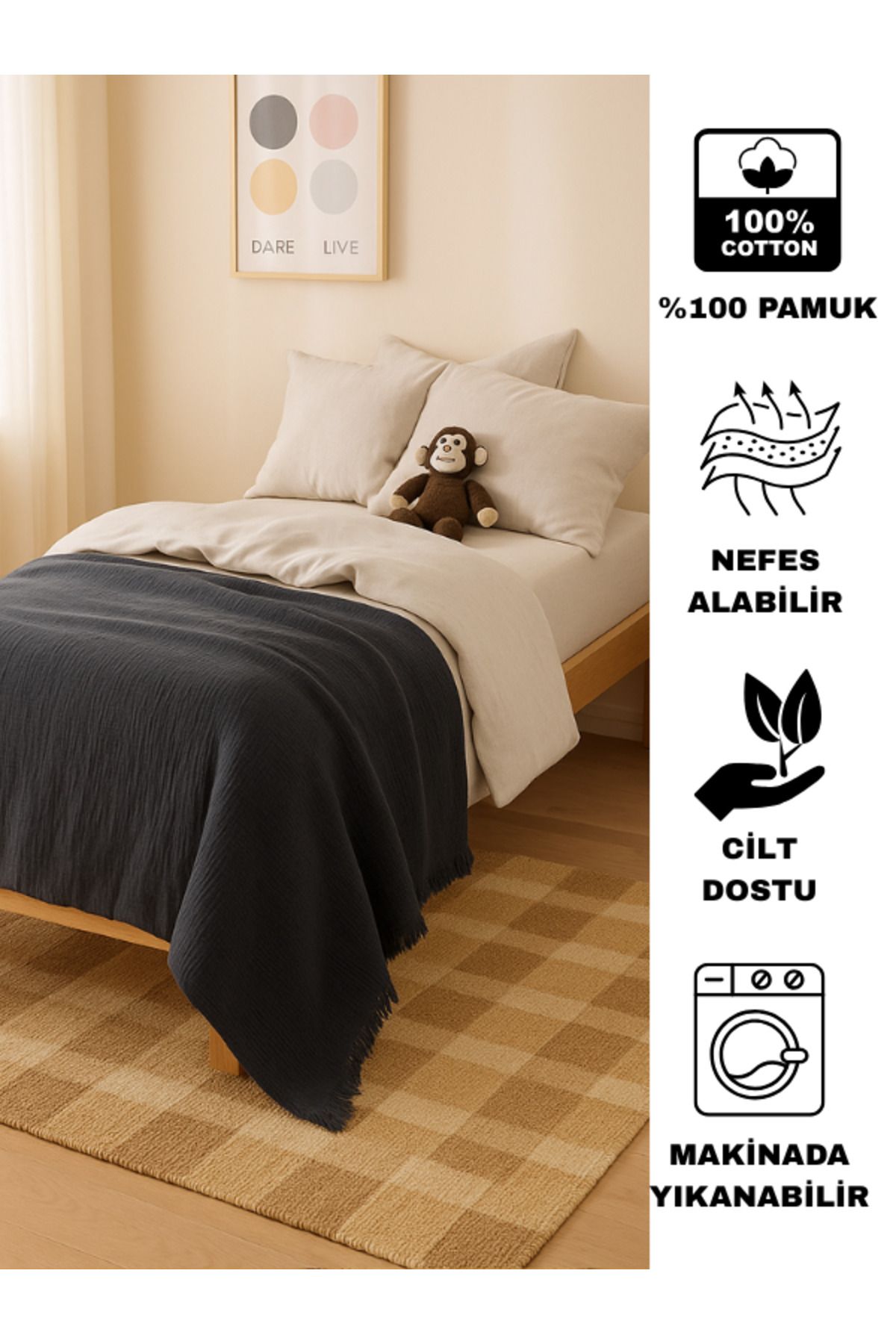 Bhoota Home Tek Kişilik 4 Katlı Müslin %100 Pamuk Yatak Örtüsü, Nefes Alabilen Kumaş 175x230