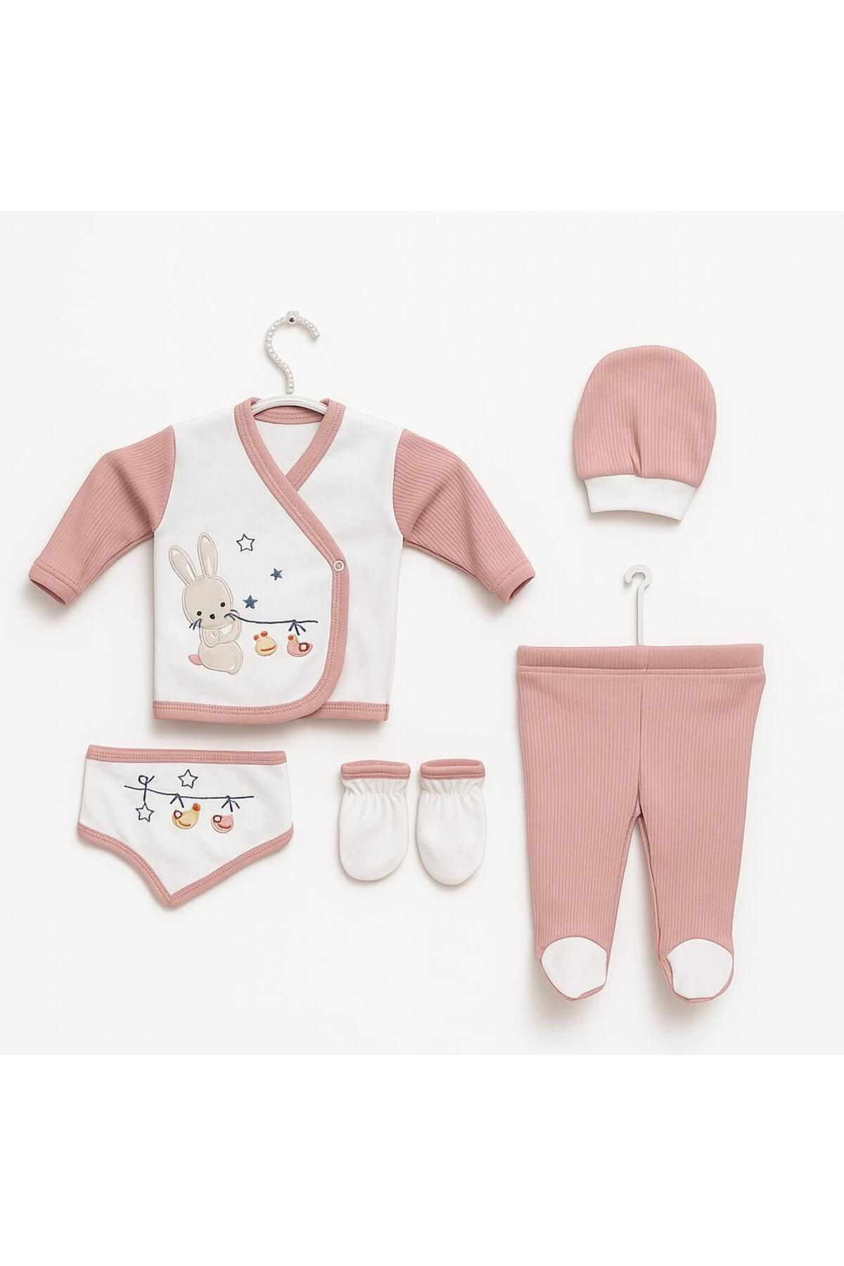 E&A Bebek 5 Parça Organik Pamuk Kız Bebek Hastane Çıkışı Seti - Pembe