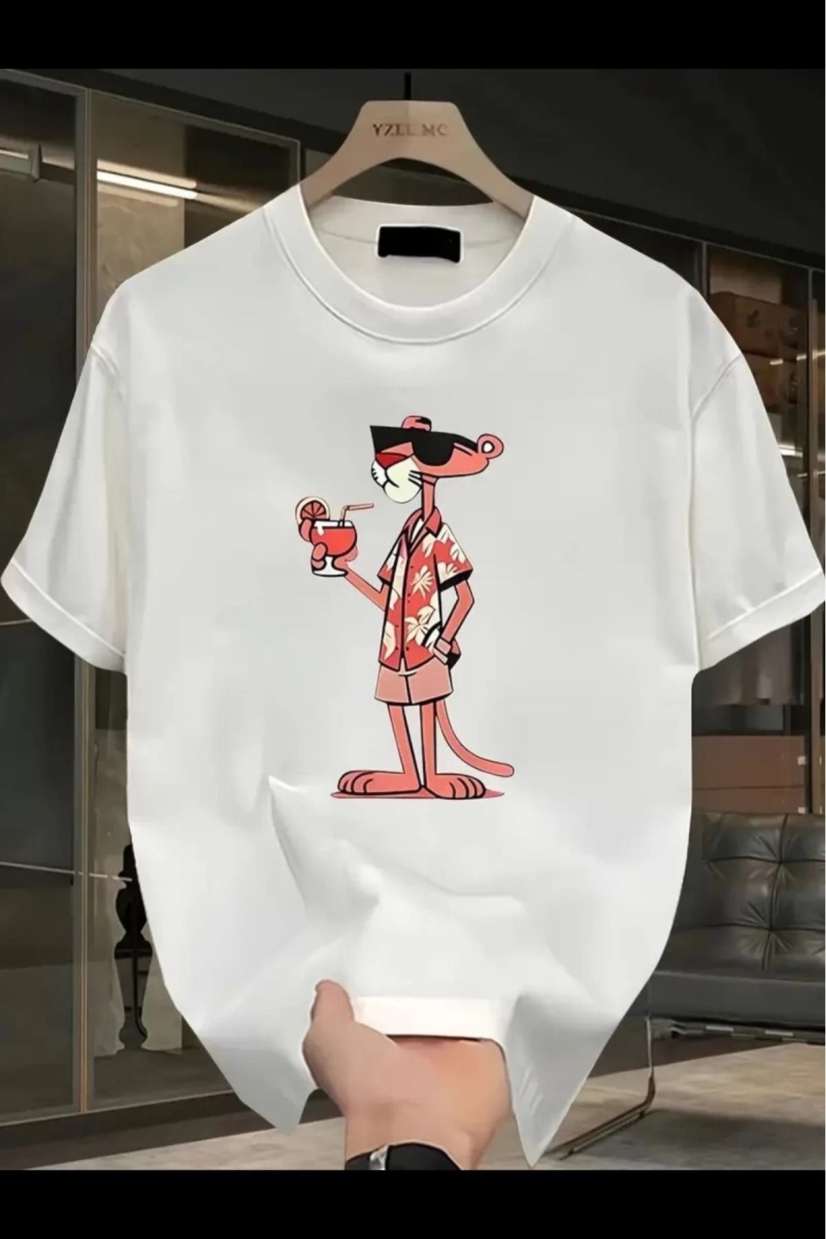 cakır and moniva Pembe Panter Baskılı Erkek T-shirt Oversize