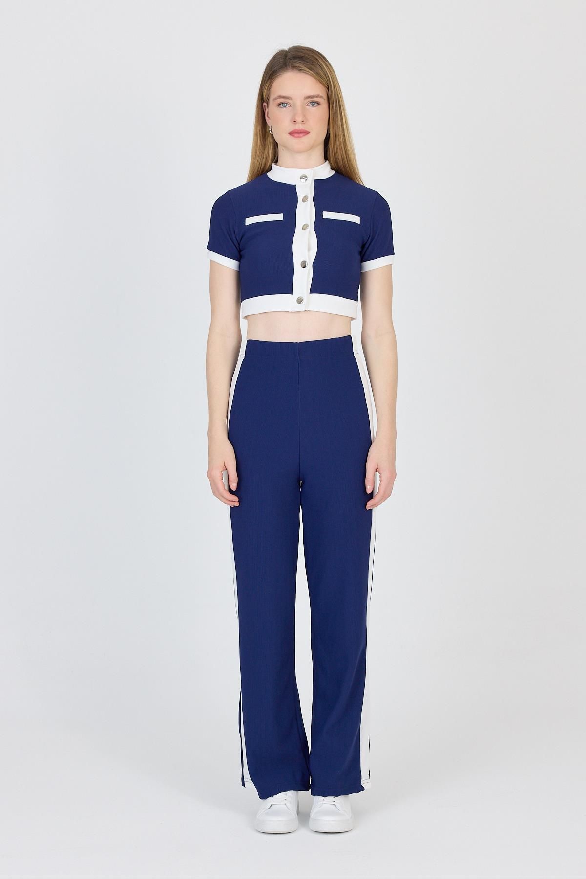 Rays Laci Düğmeli Crop Bluz & Şeritli Palazzo Pantolon Takım 2214