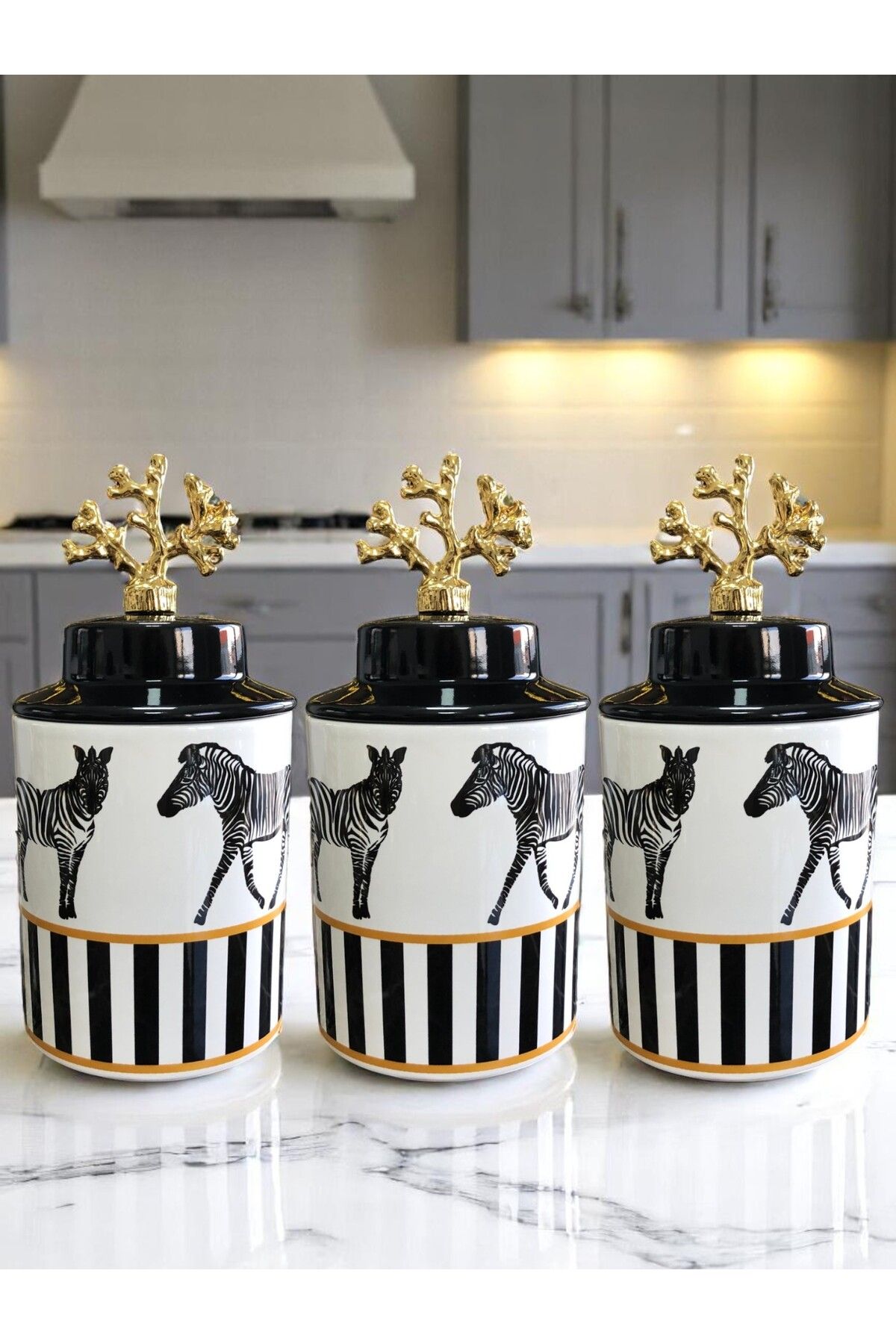 ferayhome Baharatlık Silindir Seramik Kapaklı 3 lü Kahve Köşesi Seti Zebra At Desen 750 ml Hacimli Gold