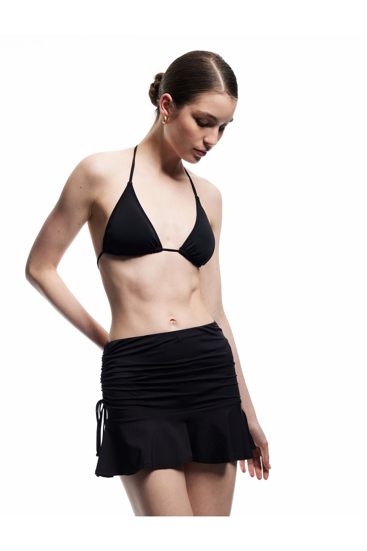 Koton Skinny Fit Yandan Büzgülü Drapeli Fırfırlı Mini Pareo Etek