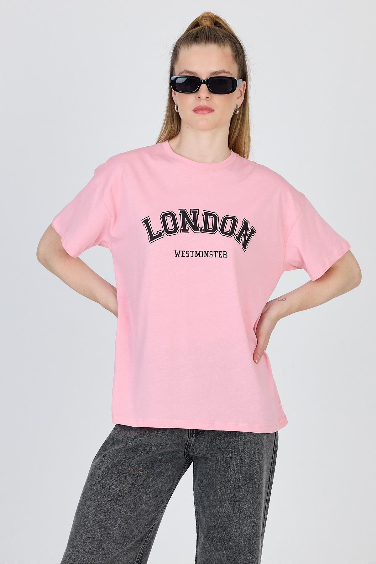 Rays Pembe Yazı Baskılı %100 Pamuk Oversize Tişört 2150-9M