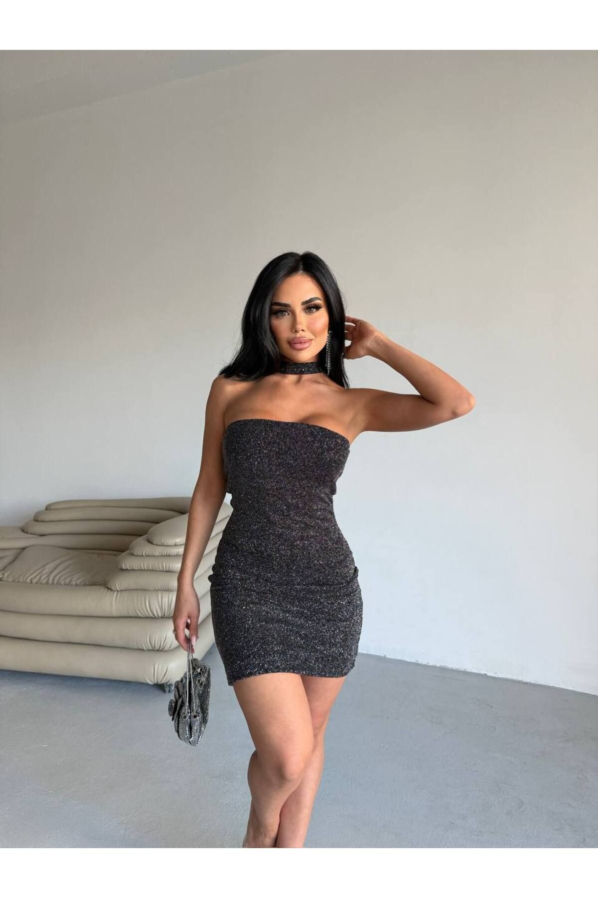 NİCE STYLE KADIN YAKA DETAY FUL LİKRA SİMLİ KUMAŞ ELBİSE