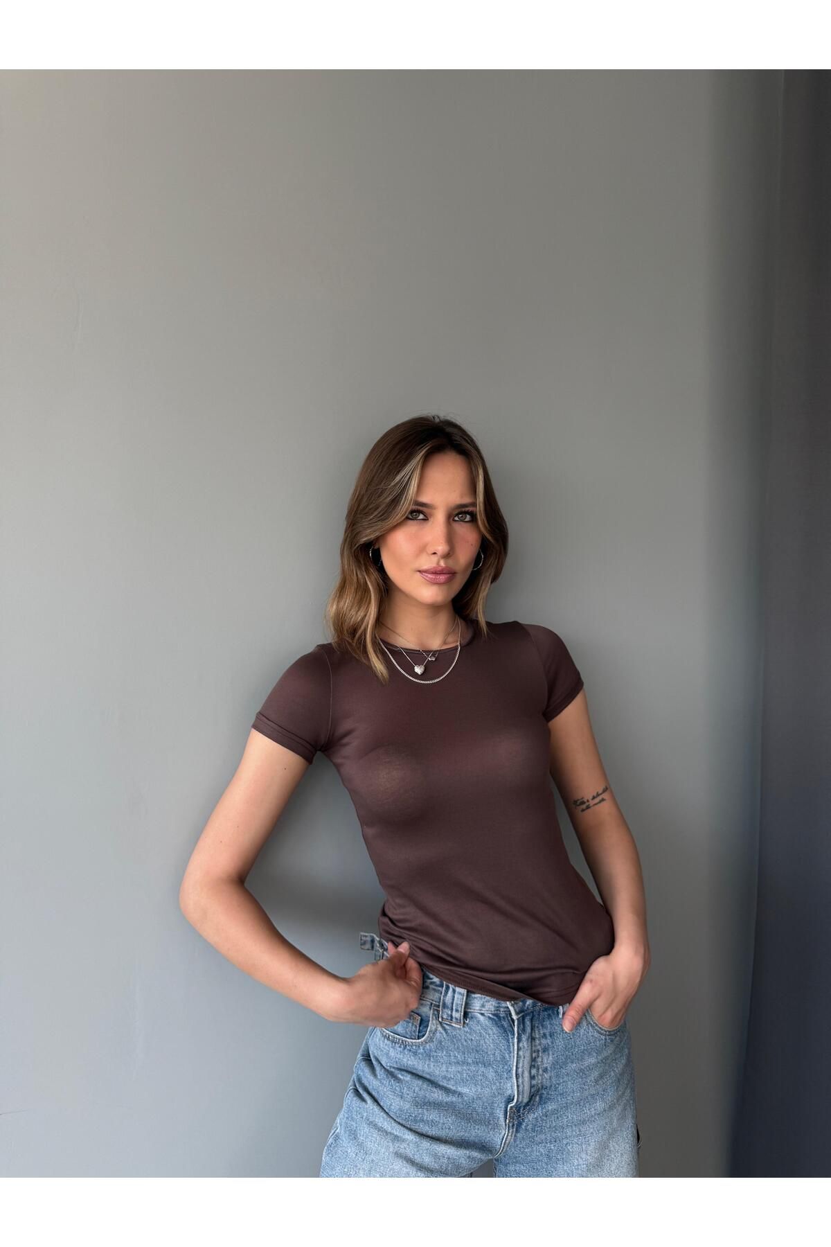 AlisaSu Kadın Kahverengi Kısa Kol Bisiklet Yaka Body