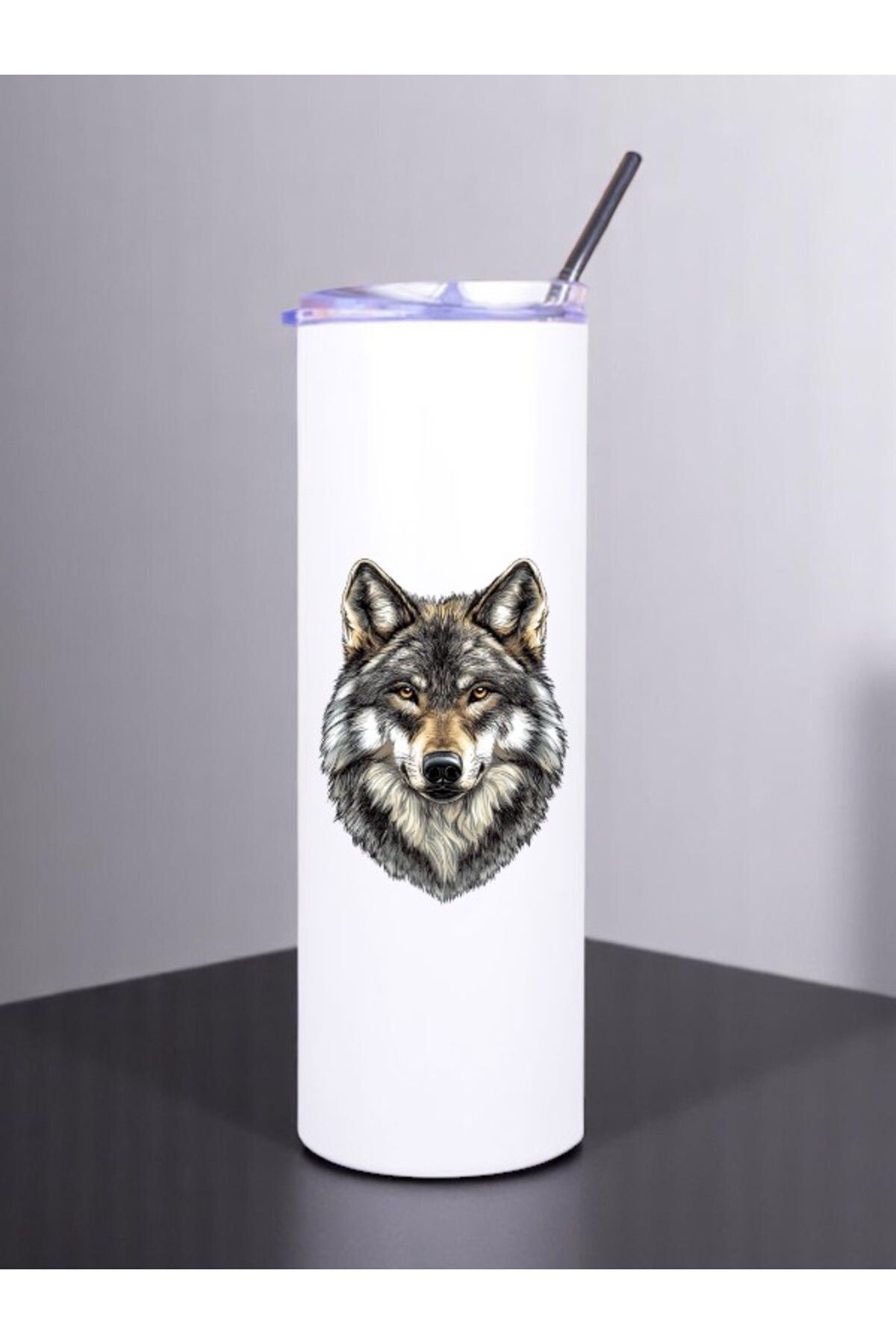 lili hediyelik Kurt Baskılı Pipetli Çelik Termos 600 ml