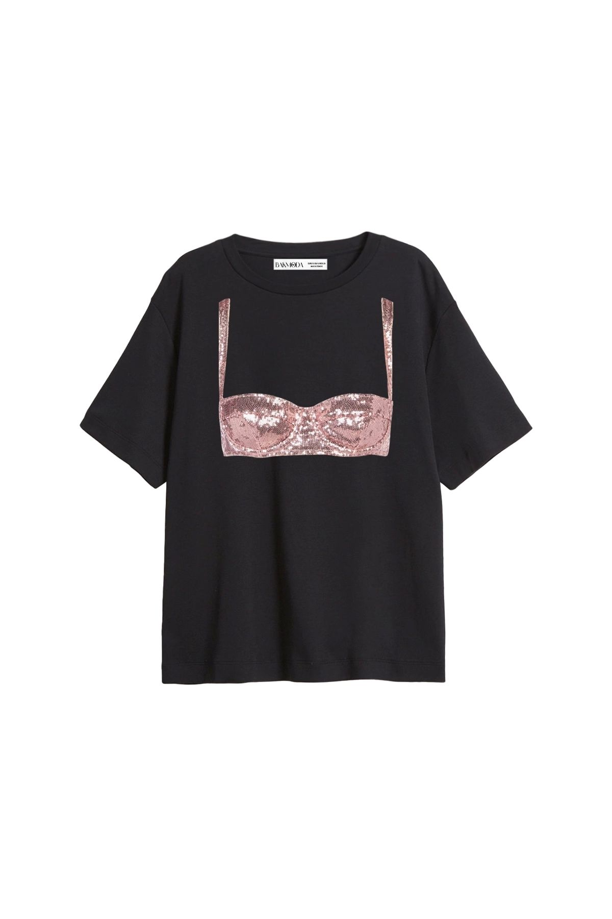 CİNEMA MODA Disco Bralet Baskılı Relaxed Fit Siyah Kadın Tshirt