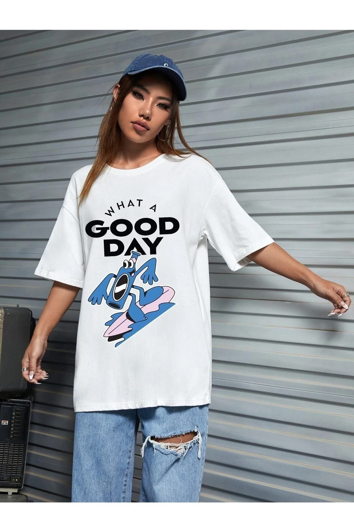 Boi Good Day Baskılı Kadın / Kız Oversize Beyaz Salas T-shirt Boyfriend