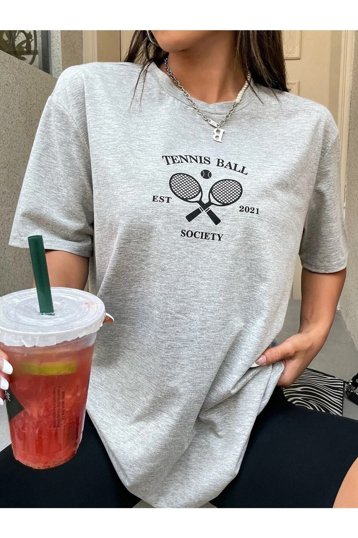 Hunors Sportswear & Company Tenis Raketi Baskılı Kadın Oversize Gri Salas T-shirt Boyfriend